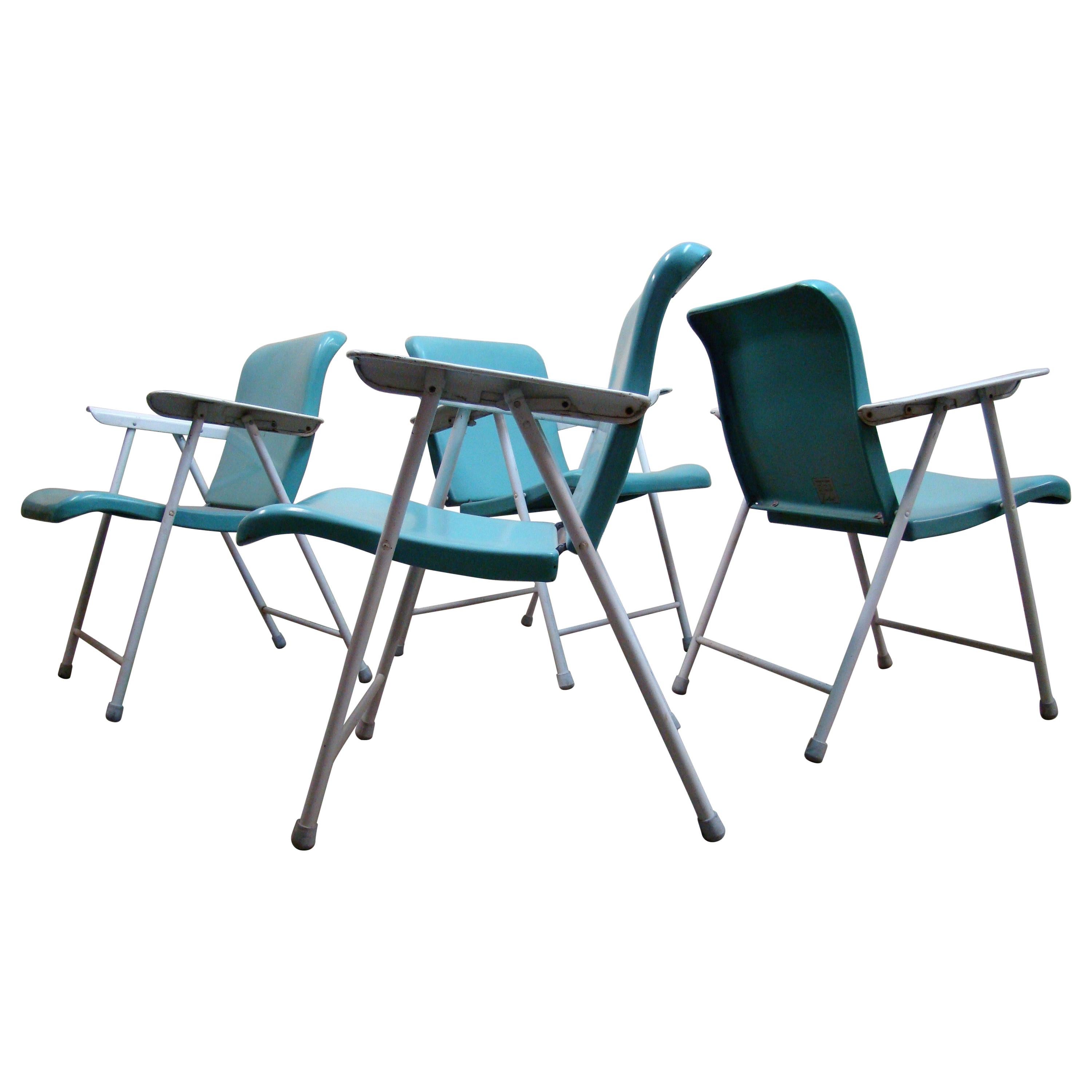 Original "Sky Blue" Russel Wright Folding Metal Outdoor Chairs, 1950s For Sale
