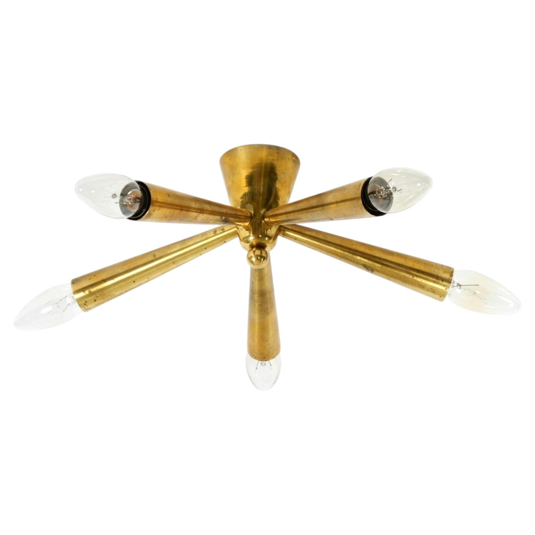 Original small mid-century modern brass Sputnik ceiling lamp with five arms
