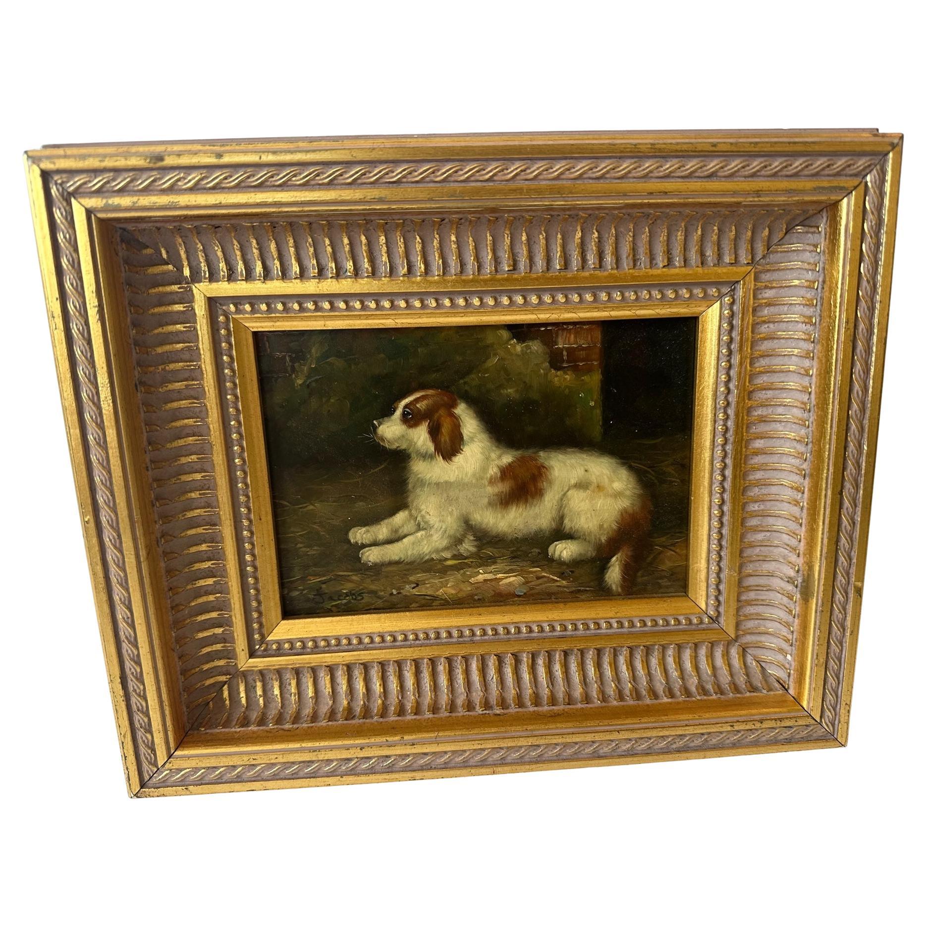 Original Small Oil of Spaniel Dog in Ornate Gold Frame
