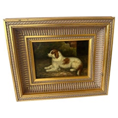 Original Small Oil of Spaniel Dog in Ornate Gold Frame