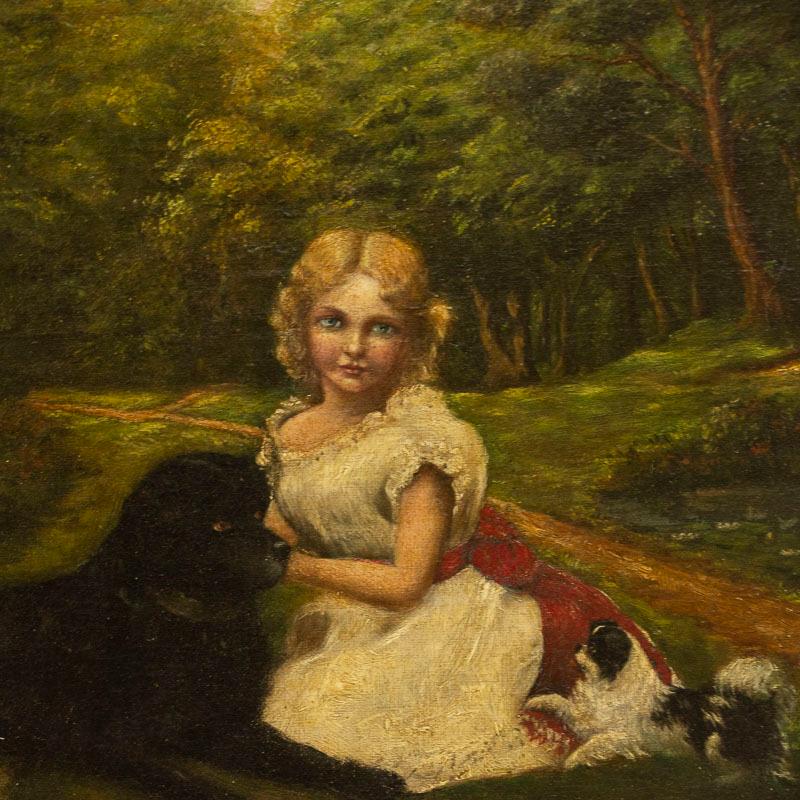 Danois Petite huile sur toile originale représentant une fille et des chiens en vente
