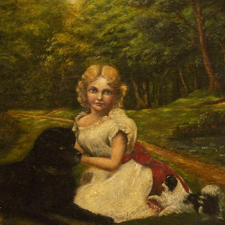 Danish Original Small Oil on Canvas Painting of Girl and Dogs For Sale