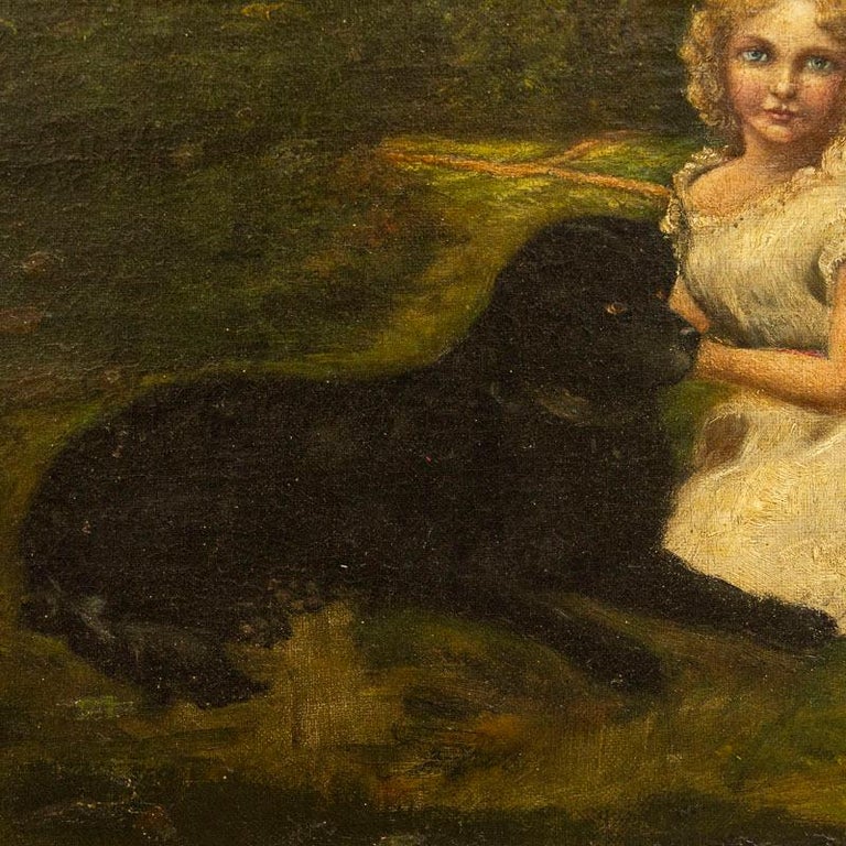 Original Small Oil on Canvas Painting of Girl and Dogs In Good Condition For Sale In Round Top, TX