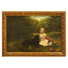 Retro Original Small Oil on Canvas Painting of Girl and Dogs