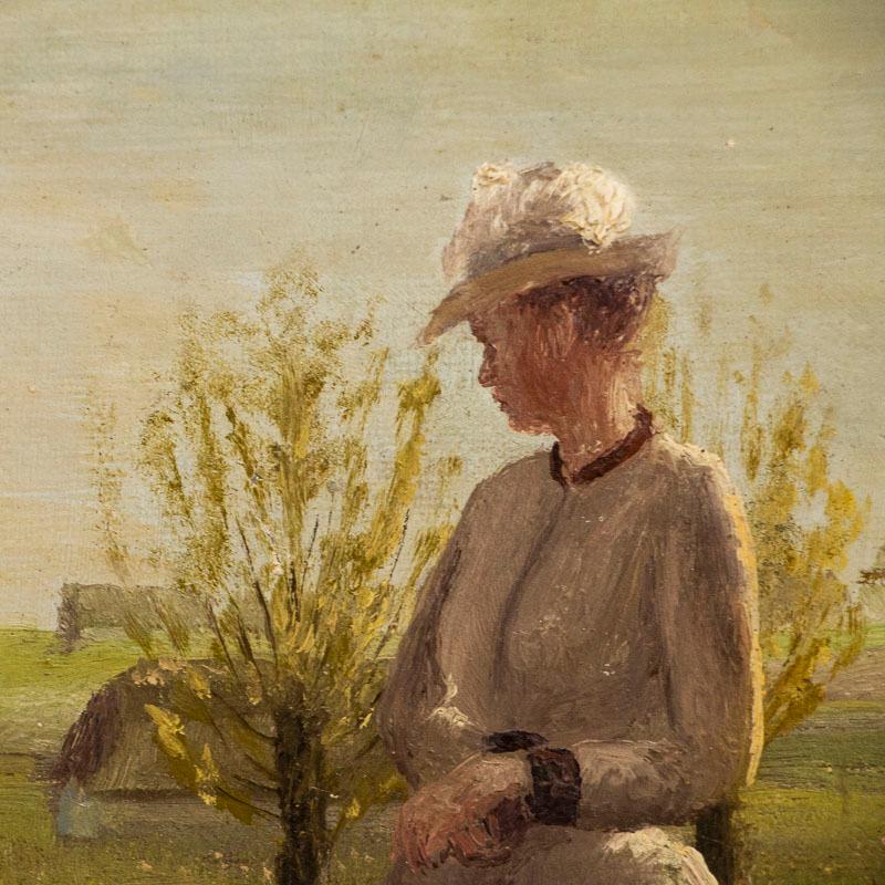 Danish Original Small Oil Painting of Woman on a Summer Day, Unsigned For Sale