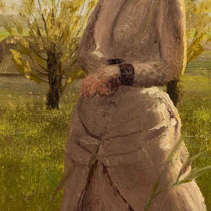 Petite peinture à l'huile originale d'une femme sur une journée d'été, non signée Bon état - En vente à Round Top, TX
