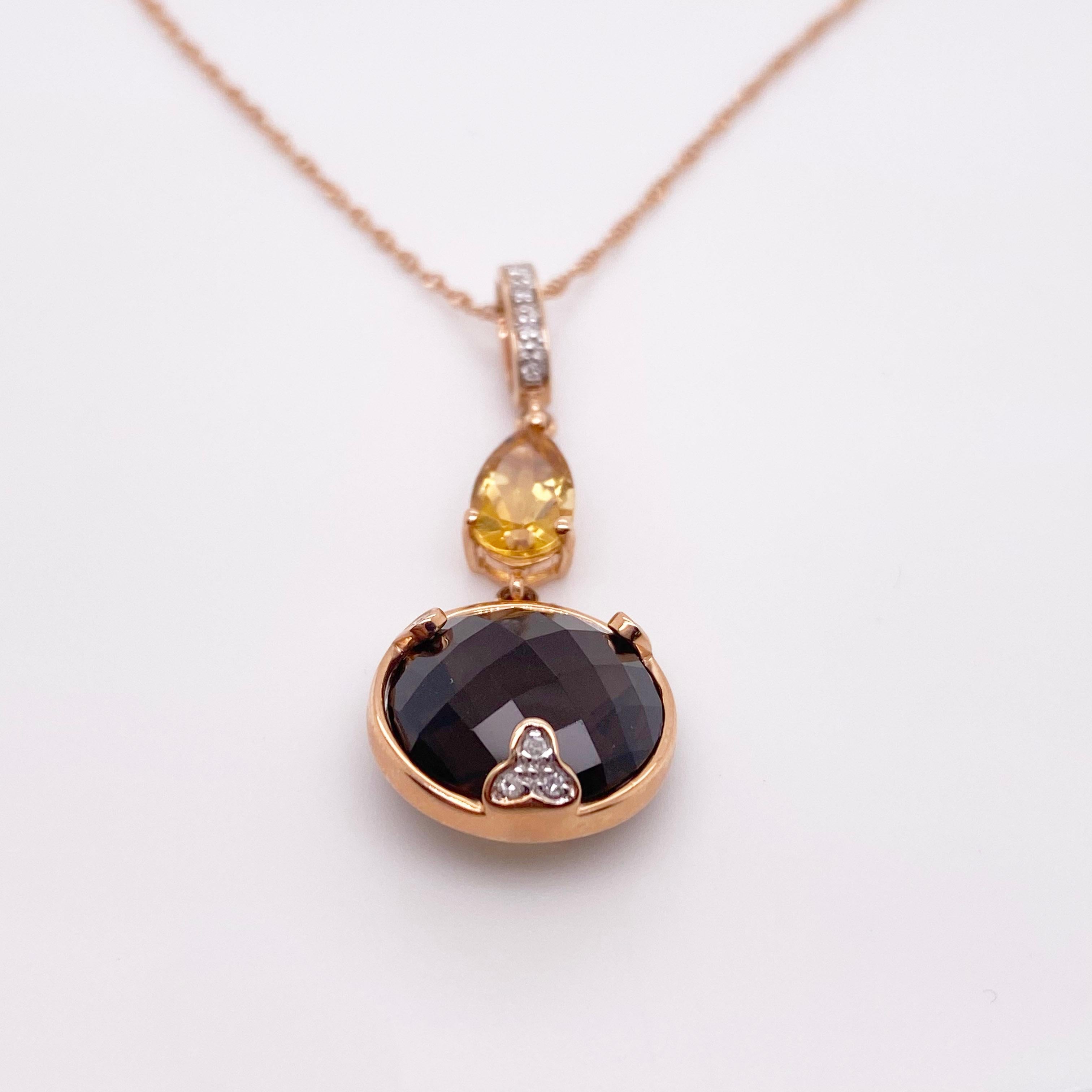 Rose Cut Original Smokey Quartz, Citrine and Diamond Artistic Necklace, 13.24 Carats For Sale