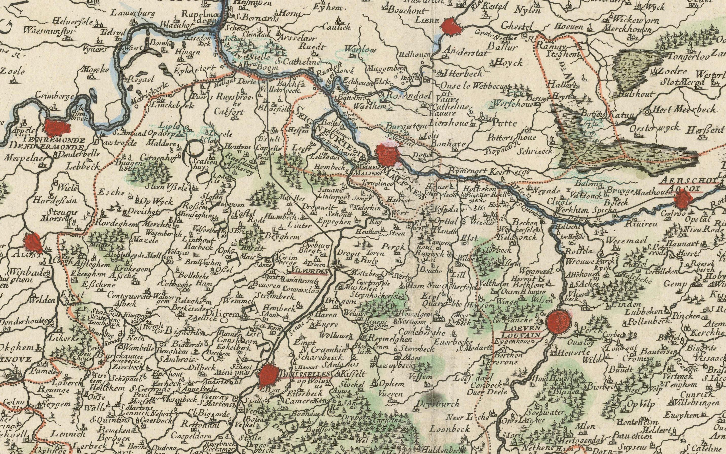 Spanish Brabant map with Brussels, Louvain, and Antwerp quarters, c.1690

Description:
This richly detailed antique map depicts the historical region of Spanish Brabant, focusing on the key quarters of Brussels, Louvain, and Antwerp. It stretches