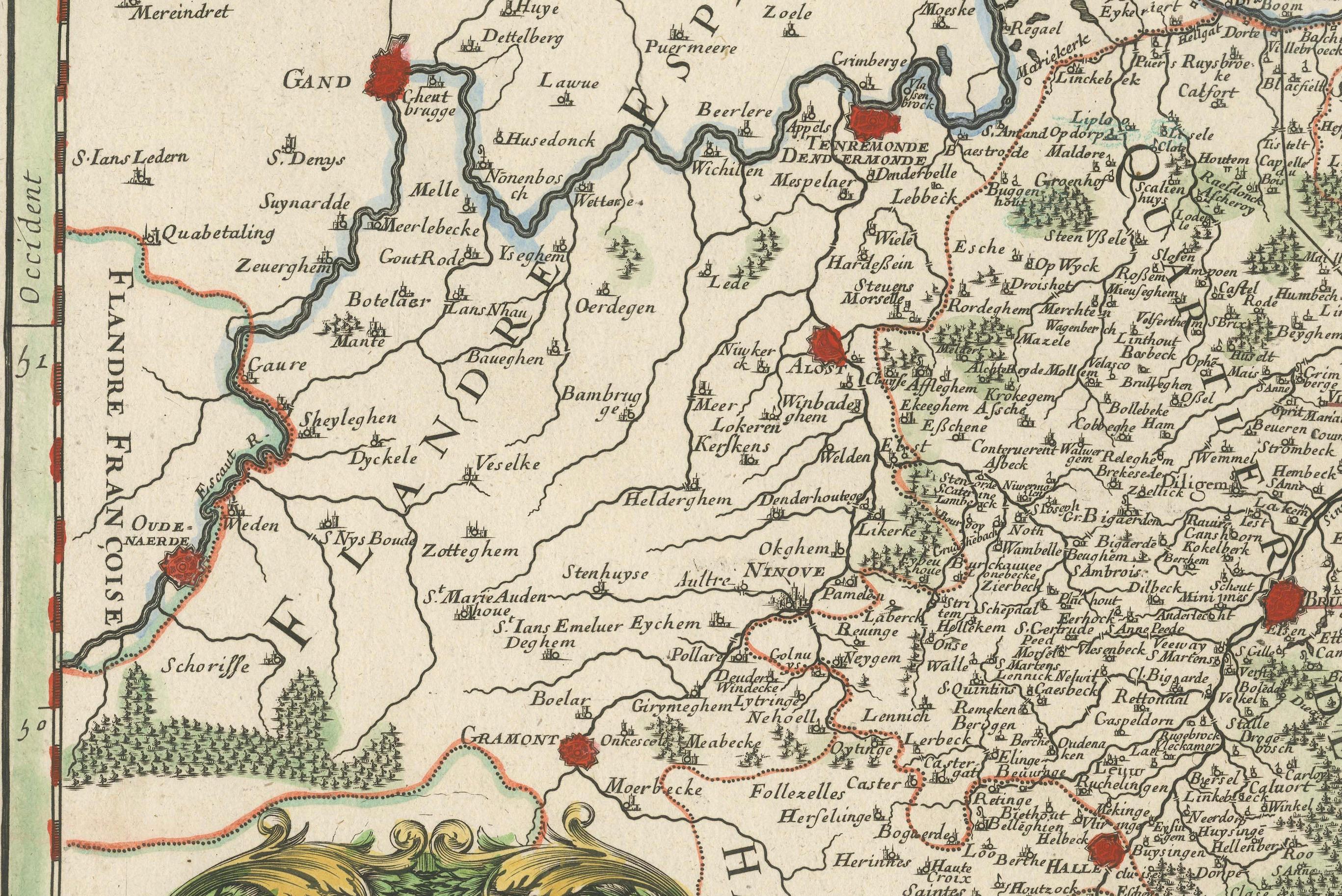 Paper Original Spanish Brabant map with Brussels, Louvain and Antwerp quarters, c.1684 For Sale