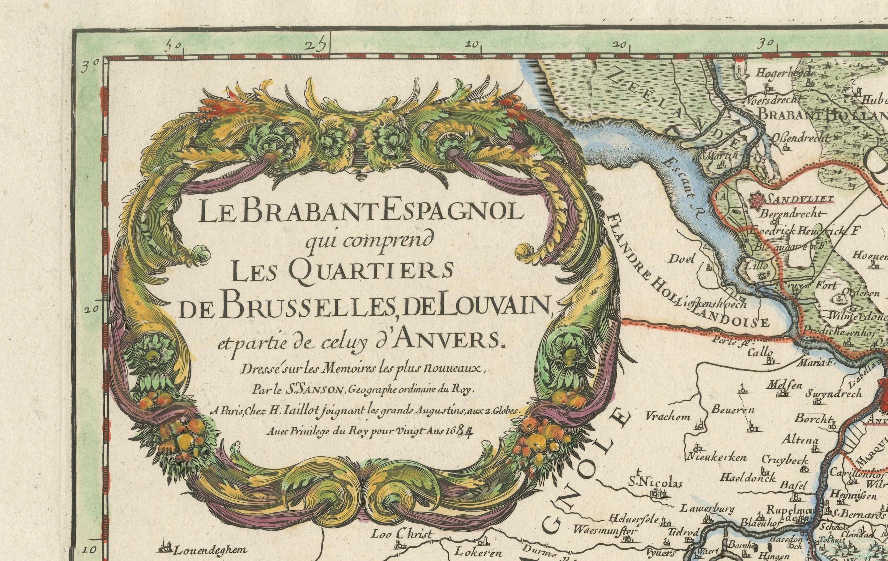 Original Spanish Brabant map with Brussels, Louvain and Antwerp quarters, c.1684 For Sale 1
