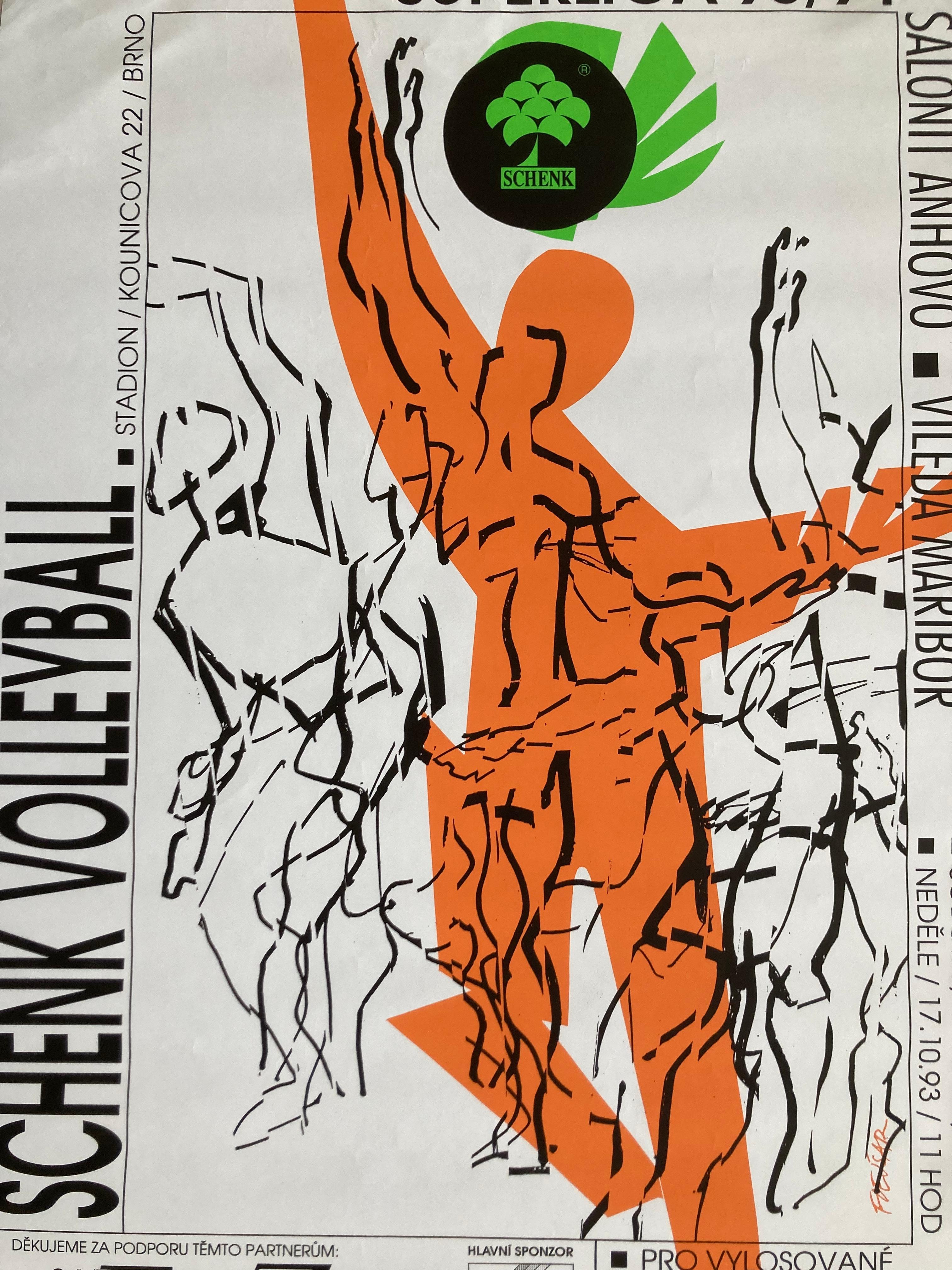 Affiche originale de sport pour le Volleyball, 1993/Tchécoslovaquie Bon état - En vente à Praha, CZ