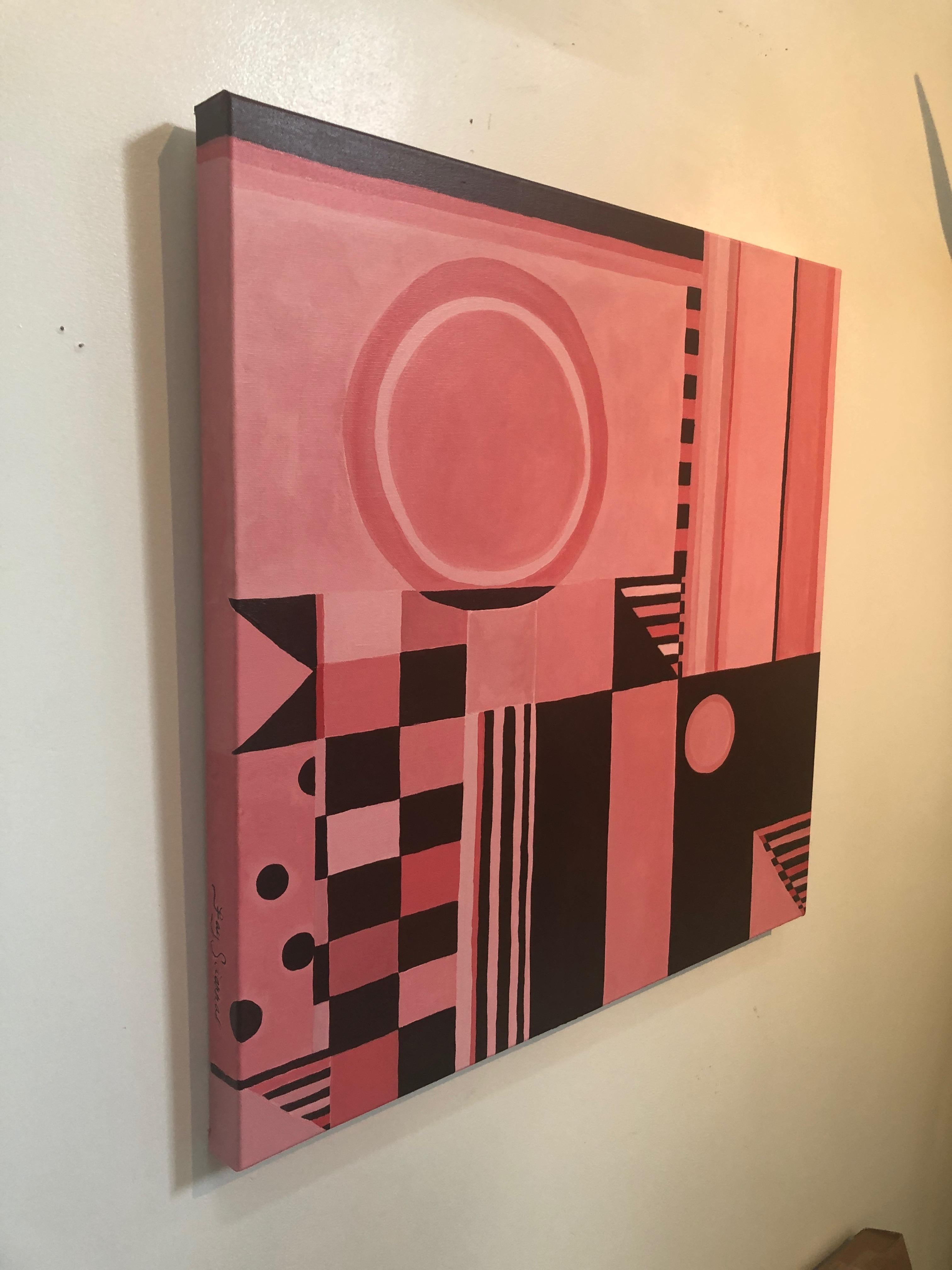 Bold yet soothing abstract geometric composition on canvas with circles, rectangles, squares and lines in a wonderful color palette of brown and pinks. Edges are finished as extensions of the painting, so framing is not necessary.