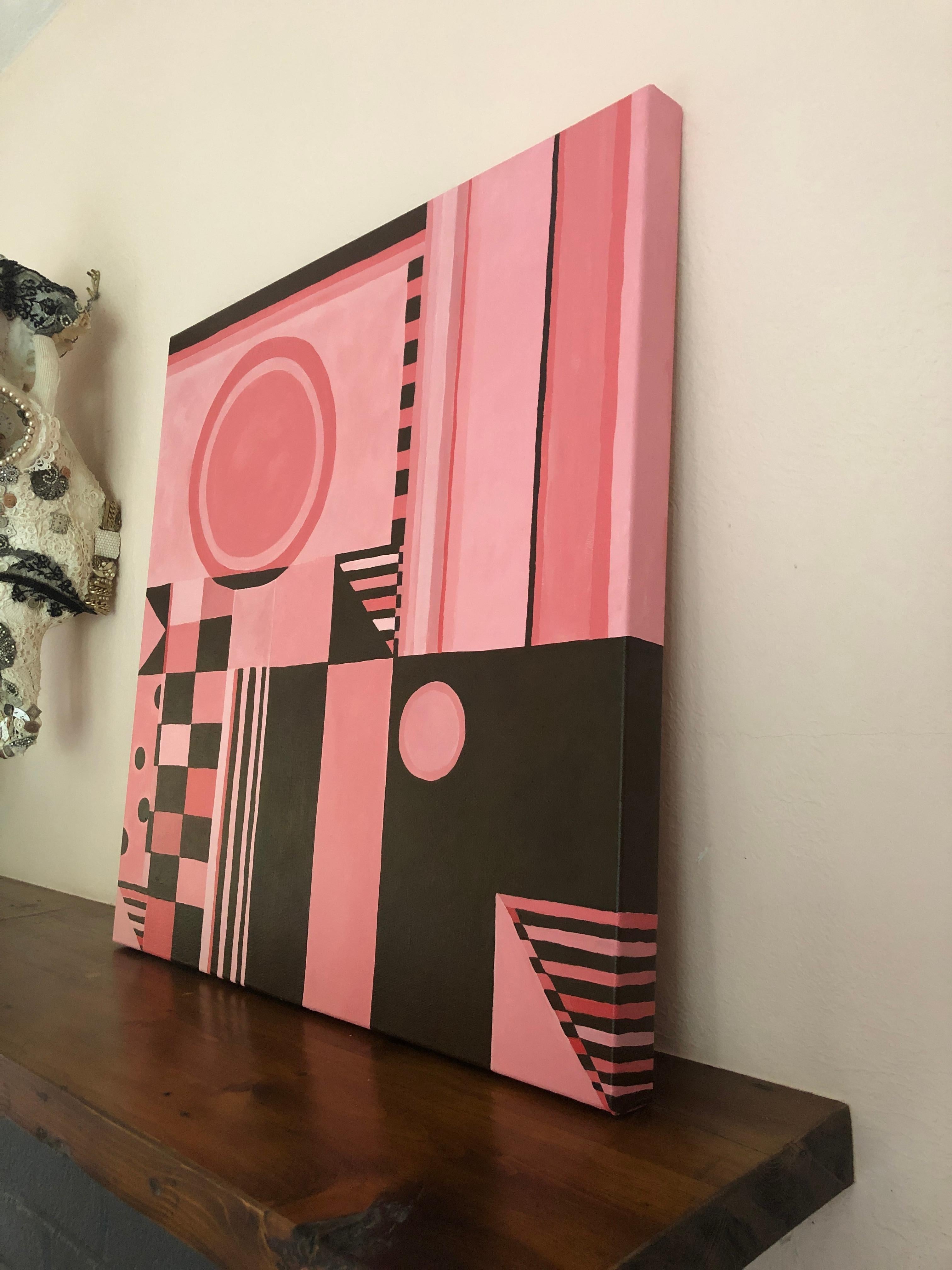 Peinture abstraite carrée originale en rose et brun en vente 1