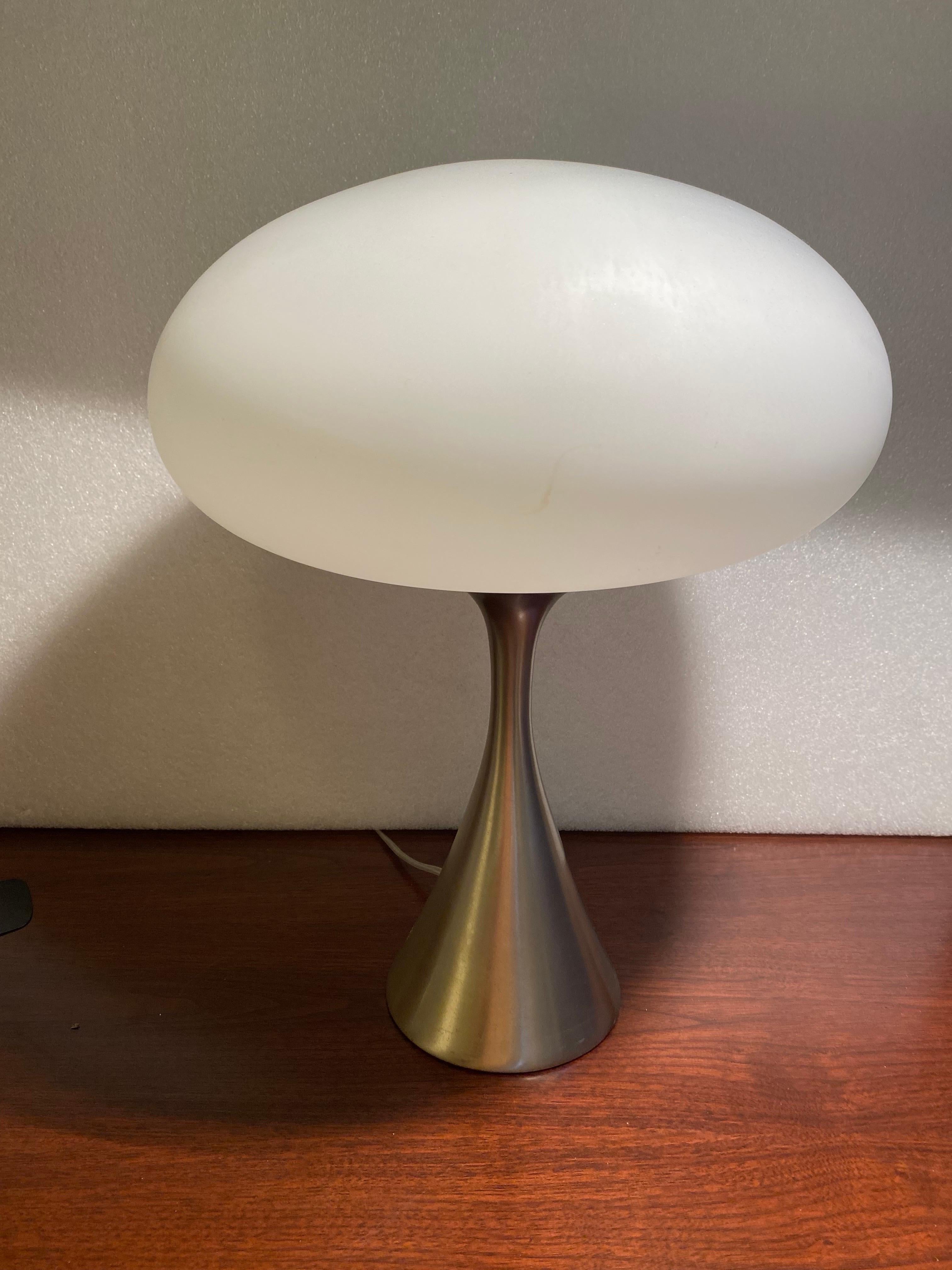 Original Laurel Mushroom Satin Chrome finish Table lamp.  Base retains its original label and shade still has partial glue spot where the label was attached.  This finish is harder to find than the painted ones!  I have a matching floor lamp with a