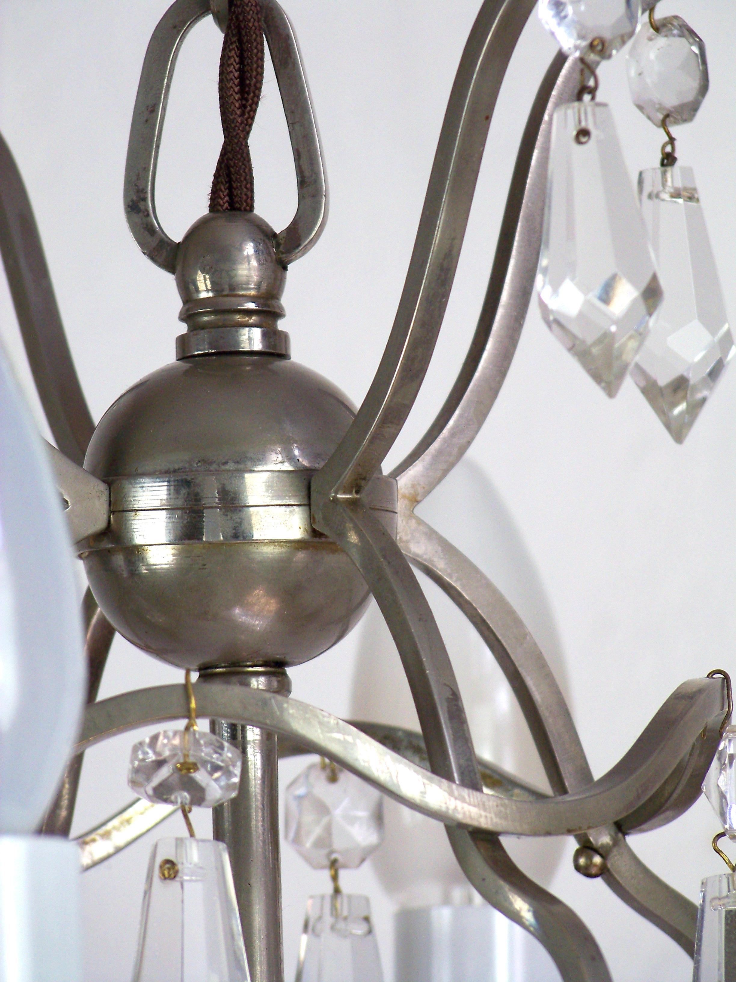 Chrome chandelier with glass trimmings, 1920ca In Good Condition For Sale In Praha, CZ