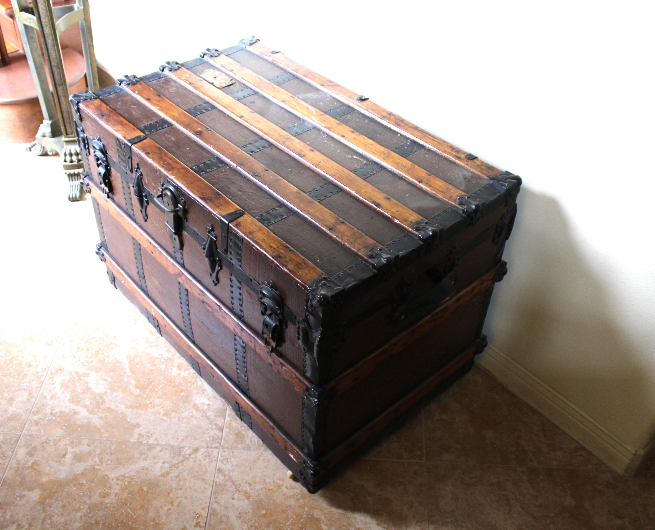 A real neat looking Wooden Trunk . Found at an Antique shop in LA long ago .Believed to be made by (Joseph Callaway). Has a great look and could fit in anywhere . Inside has paper installed . And on one end is some persons info !1 Could be Italian !