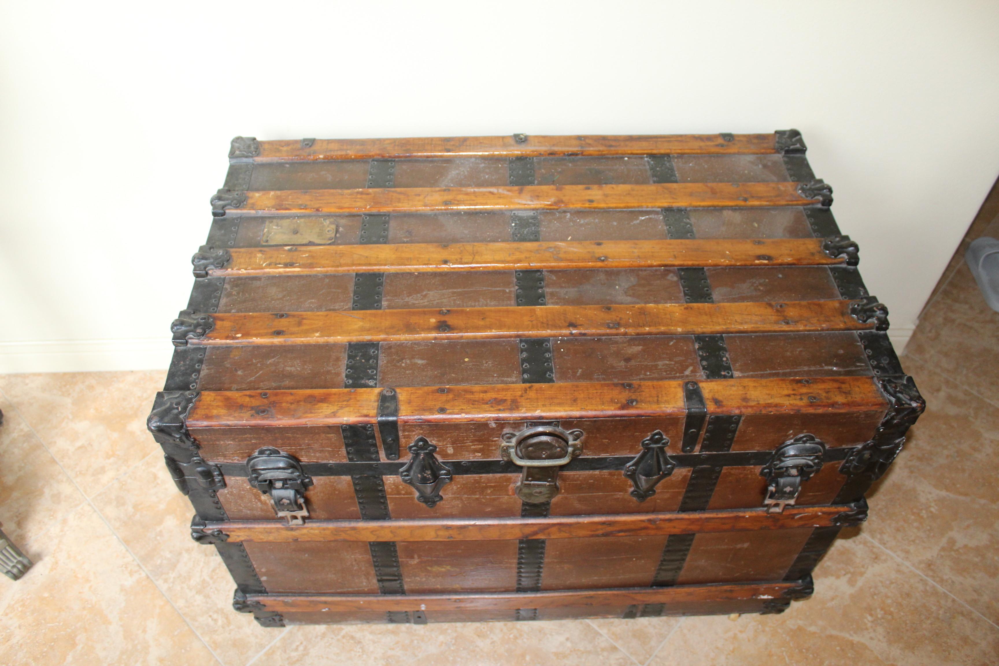 Unknown Original Steamer Trunk ,  Wooden strapped  For Sale