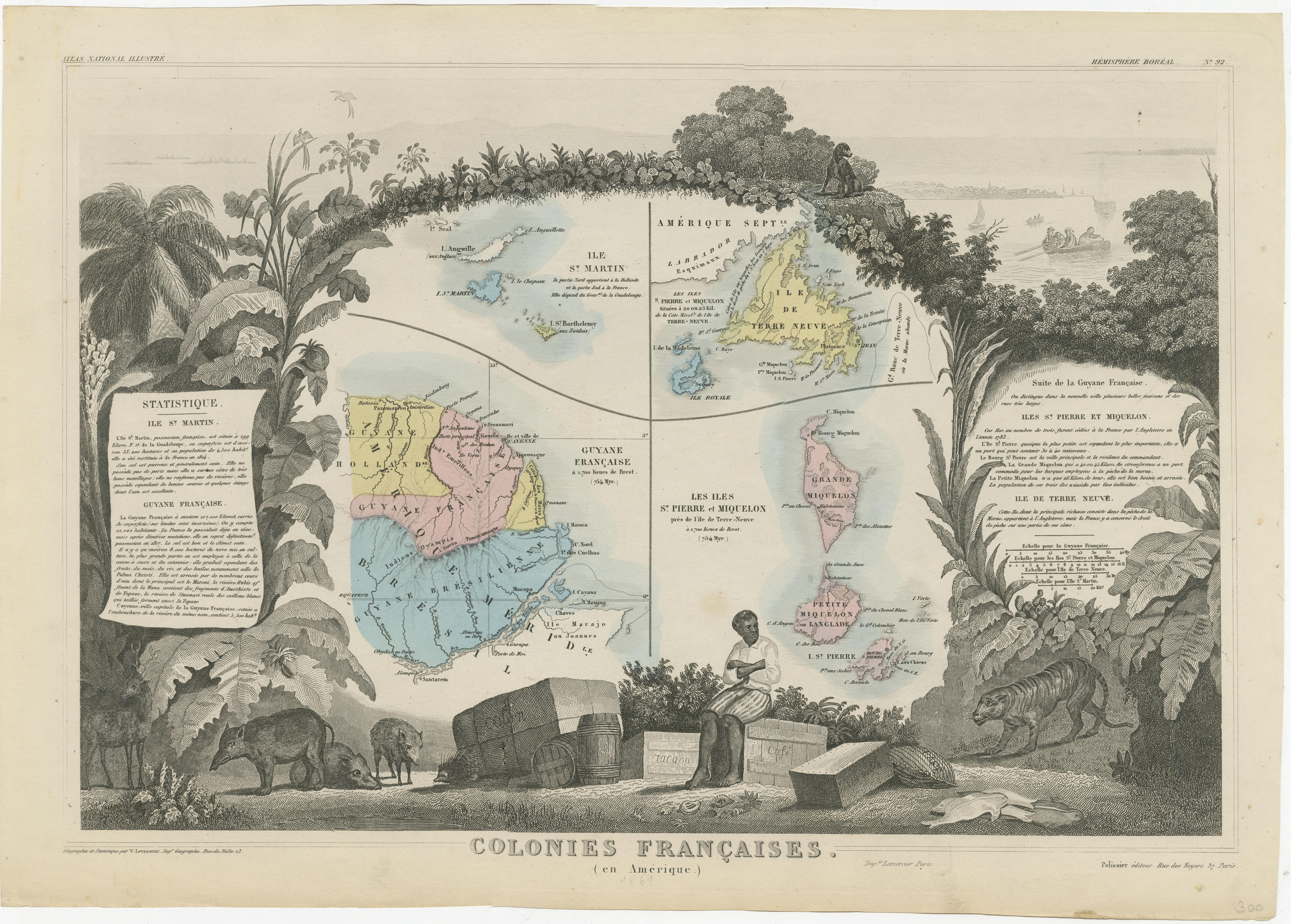 Antique map titled 'Colonies Francaises (en Amerique)'. Detailed map bordered by vignettes showing local animals, produce and activities of the various French Colonies in America. This map originates from ‘Atlas National de la France Illustré’.