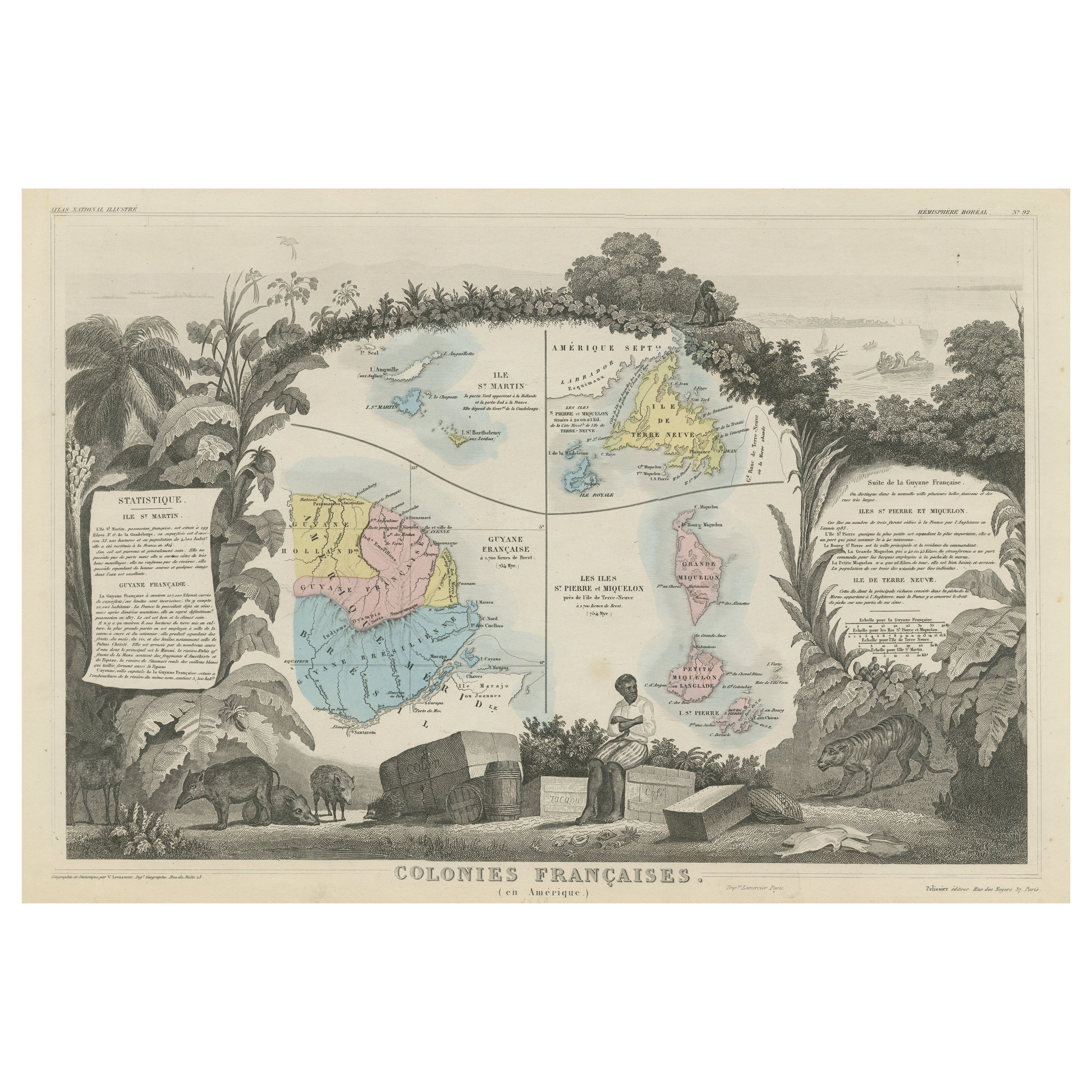 Mappa originale incisa in acciaio delle Colonie francesi in America, 1854 in vendita