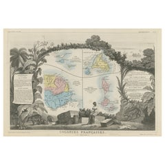 Original Steel Engraved Map of French Colonies in America, 1854