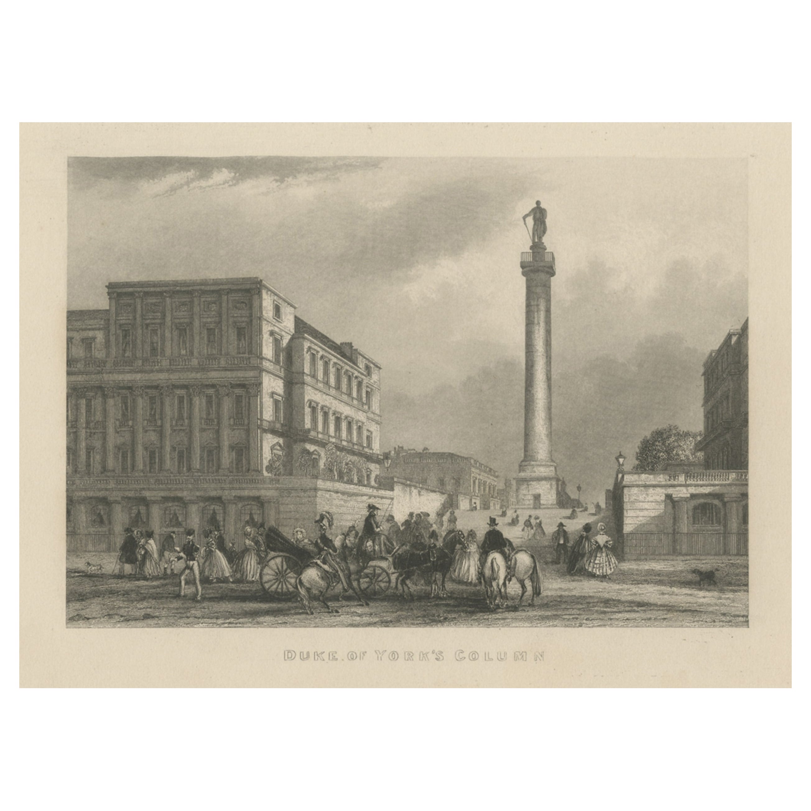 Original gravierte Originalansicht der Duke of York-Säule aus Stahl in London, England, 1840