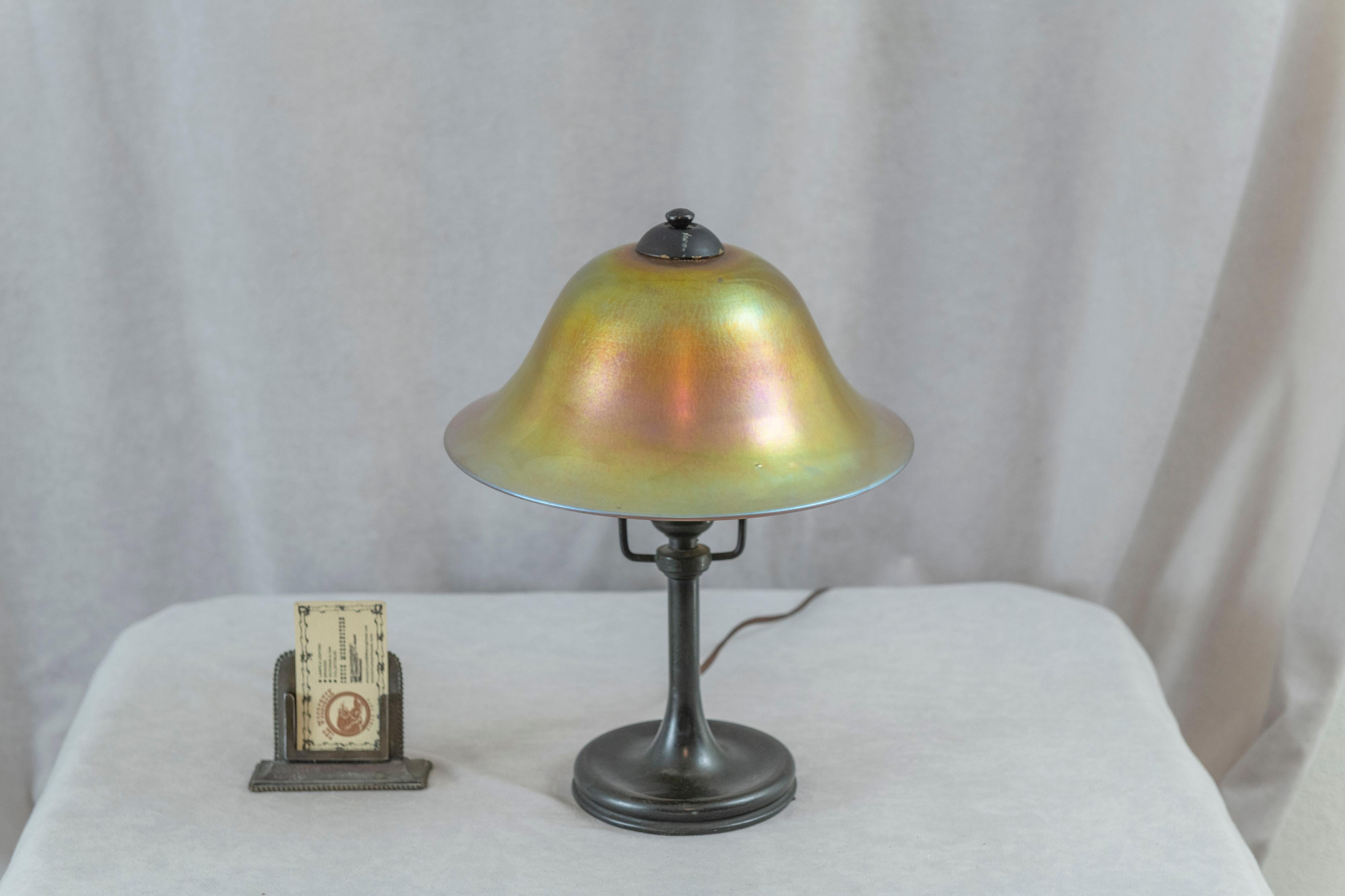 Art Nouveau Original Steuben Lamp, w/ Hand Blown Aurene Shade, ca. 1905