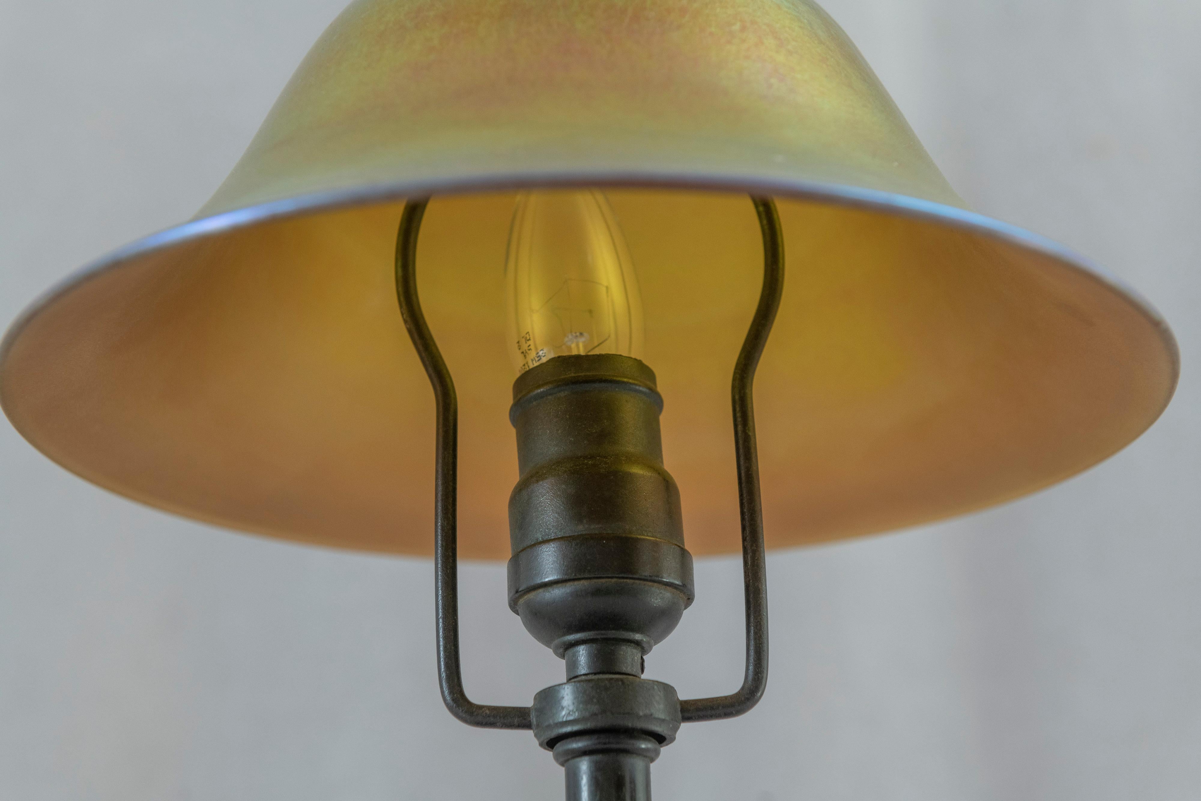 Patinated Original Steuben Lamp, w/ Hand Blown Aurene Shade, ca. 1905