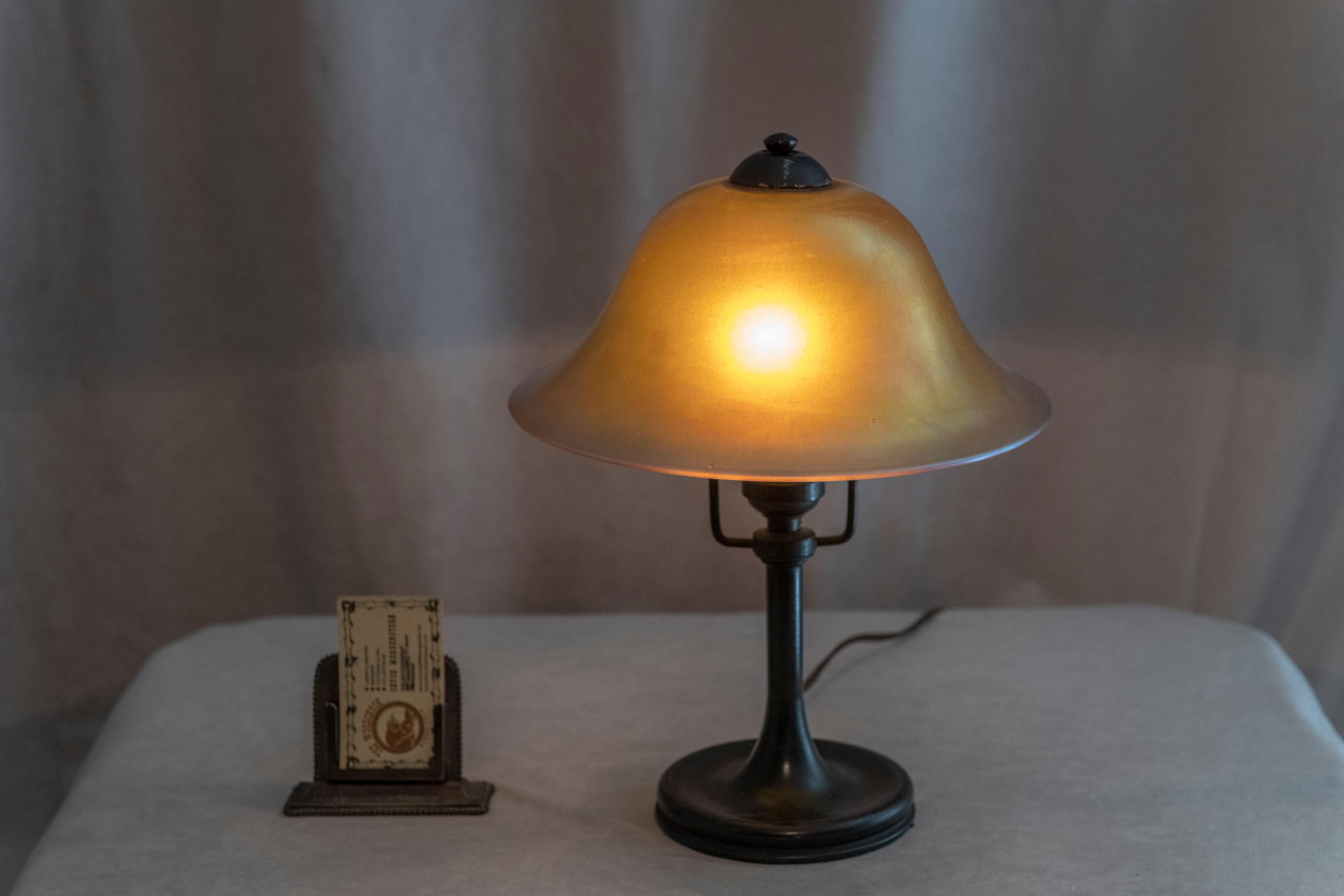Bronze Original Steuben Lamp, w/ Hand Blown Aurene Shade, ca. 1905