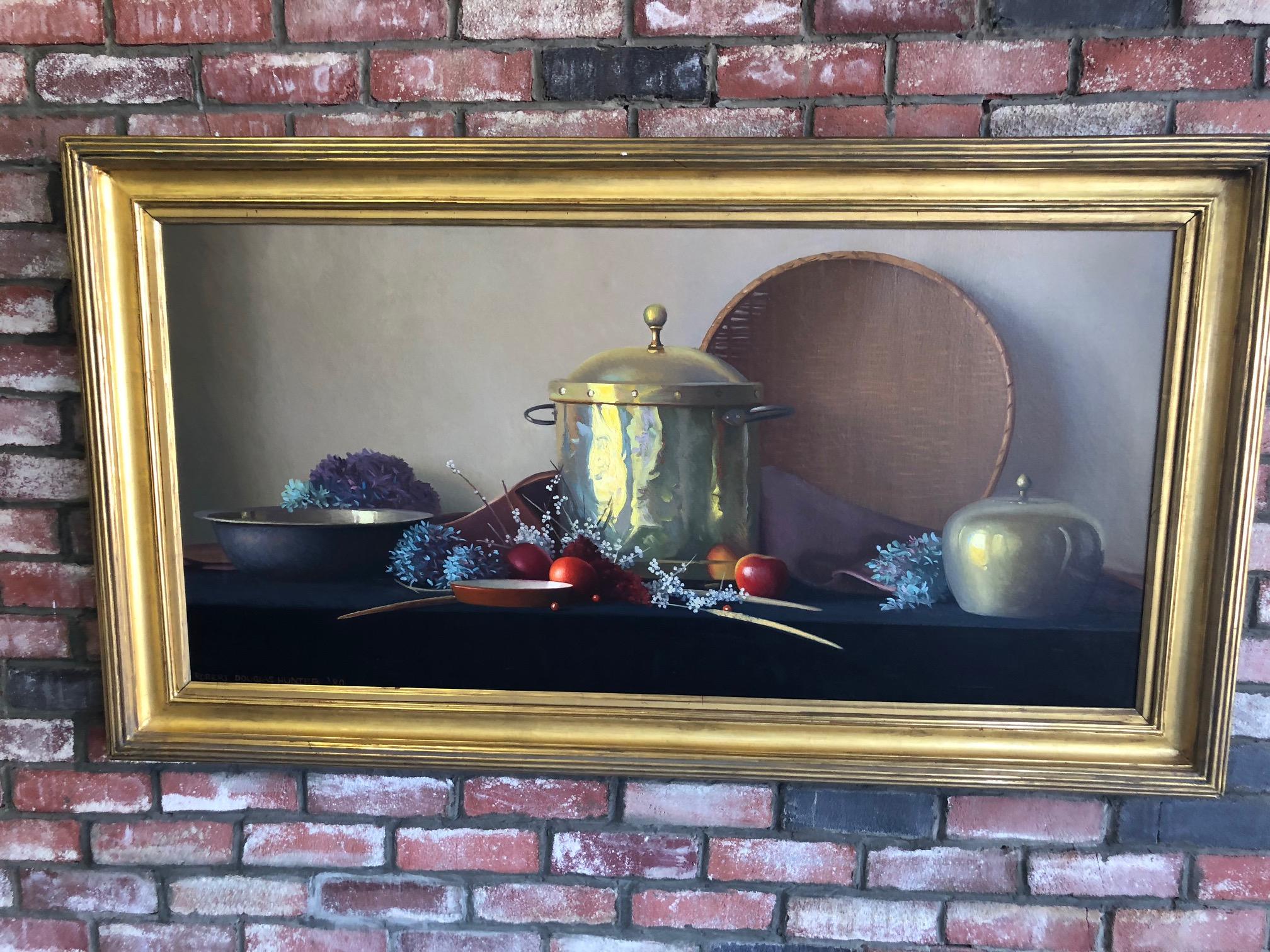 Original still life in oil on canvas by noted artist Robert Douglas Hunter, circa 1980.

Robert Douglas Hunter (1928-2014) From Boston, Massachusetts, Robert Hunter is a classical-realist painter who studied and then taught at the Vesper George