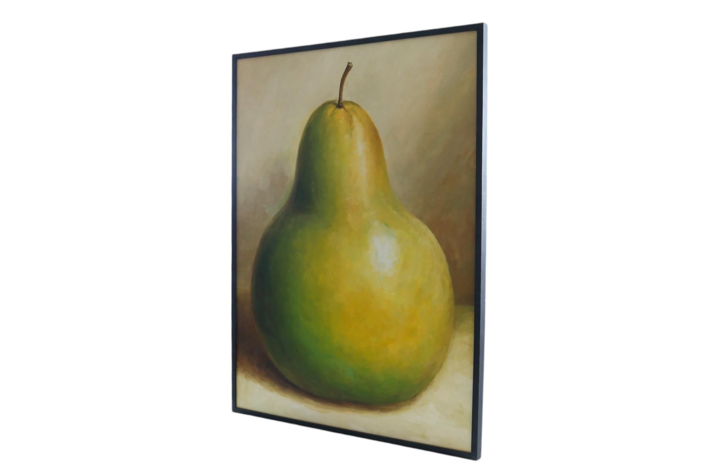Ein großes, kompetentes, unsigniertes Stillleben in Acryl auf Leinwand mit einer Birne, das dem in Kuba geborenen Künstler Adriano Buergo (geb. 1964) zugeschrieben wird.

Adriano Buergo studierte an der San Alejandro Academy of Fine Arts, dem Higher