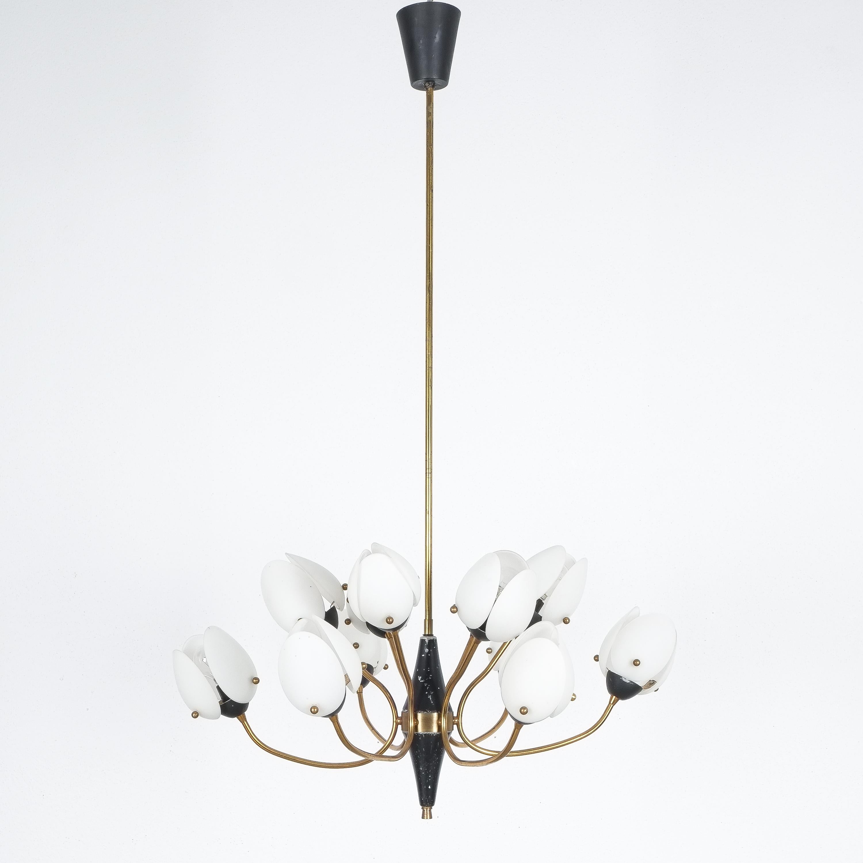 Chandelier from satinized glass and brass Italy, circa 1950- labelled Milano Stilnovo Italy (sticker)

Rare and large 25.6