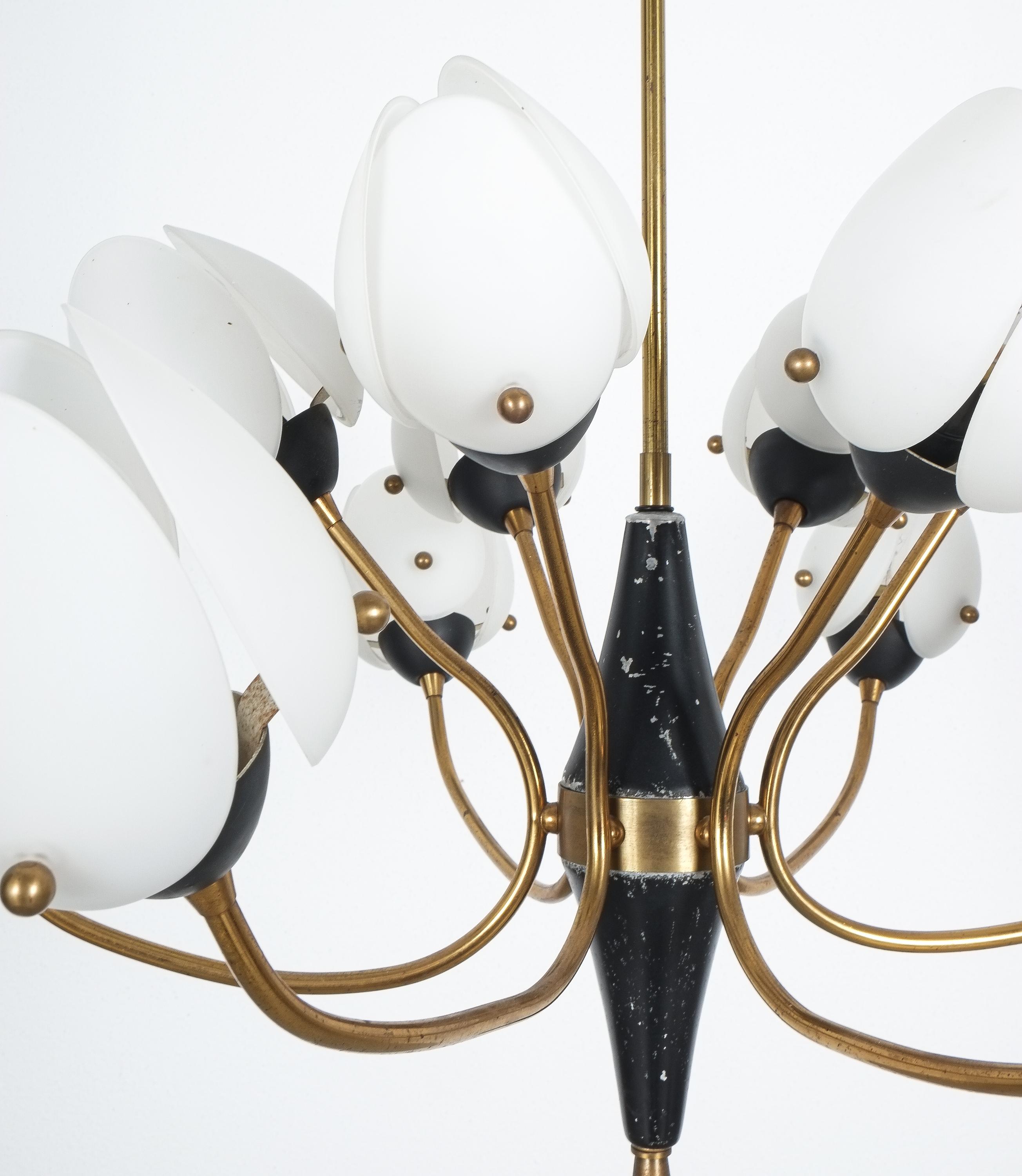 Opaline Glass Original Stilnovo Chandelier from Satinized Glass and Brass, Italy, circa 1950 For Sale