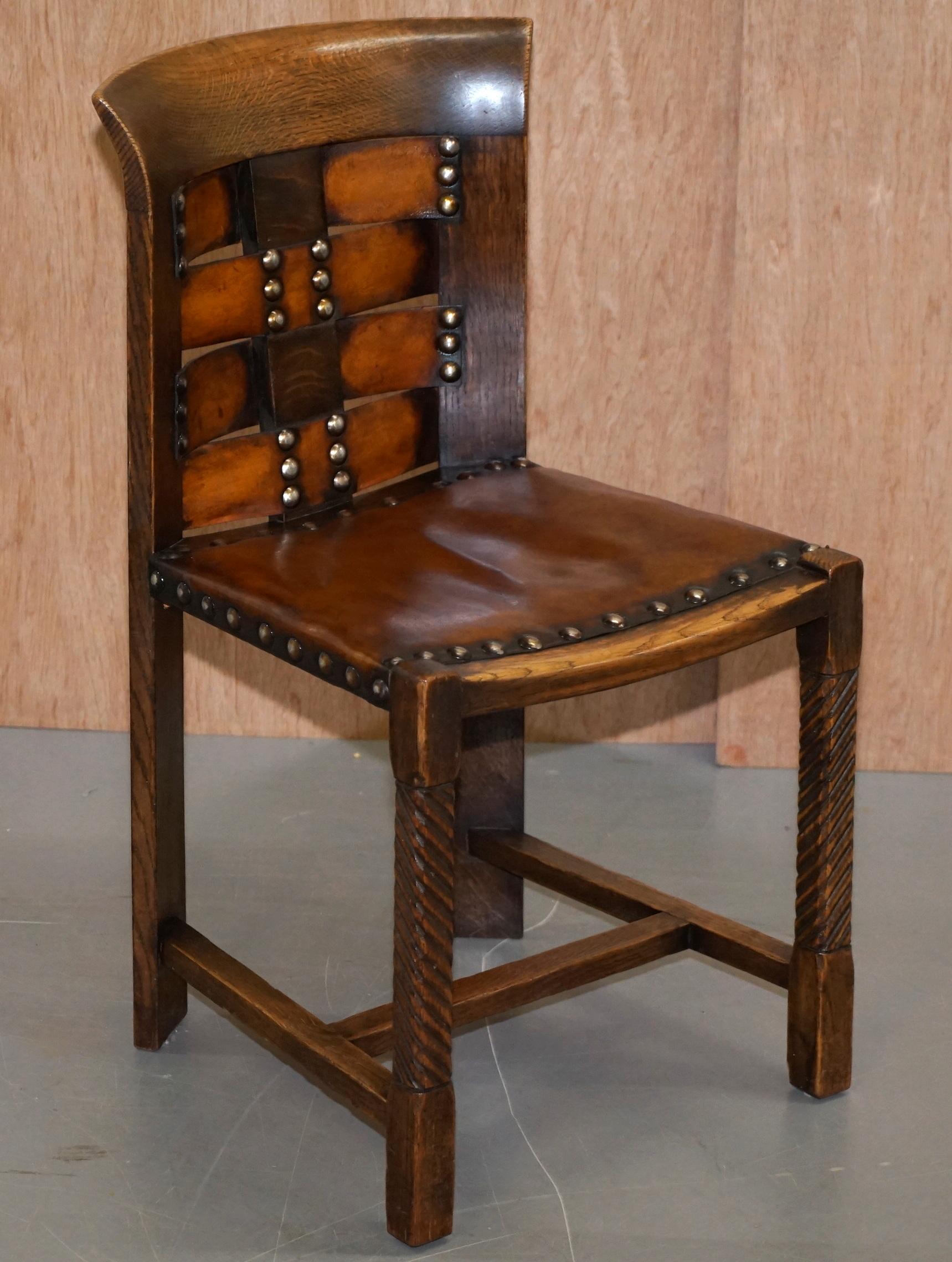 Original Suite of Four George Henry Walton Arts & Crafts Oak & Leather Chairs 4 8