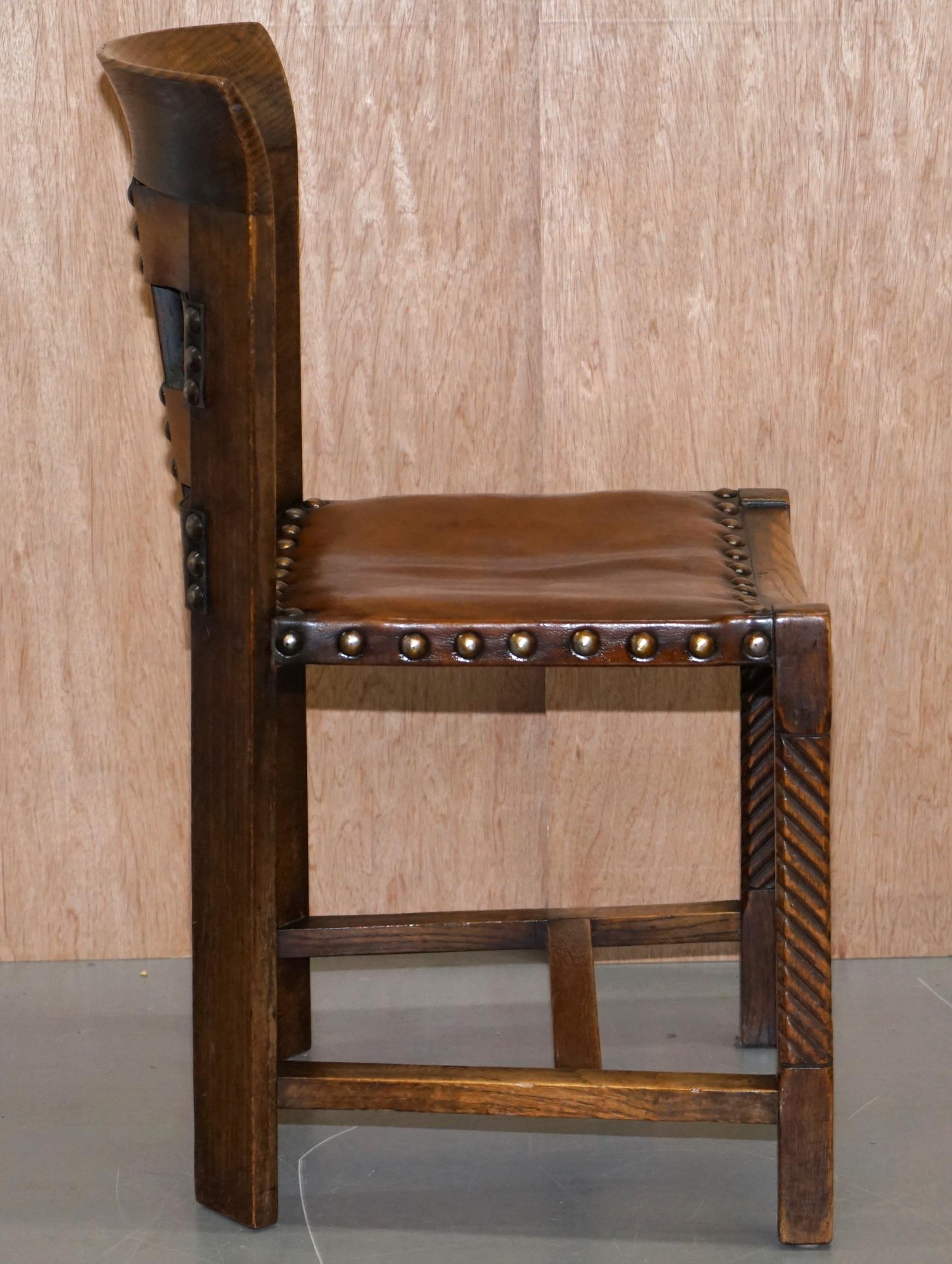 Hand-Crafted Original Suite of Four George Henry Walton Arts & Crafts Oak & Leather Chairs 4