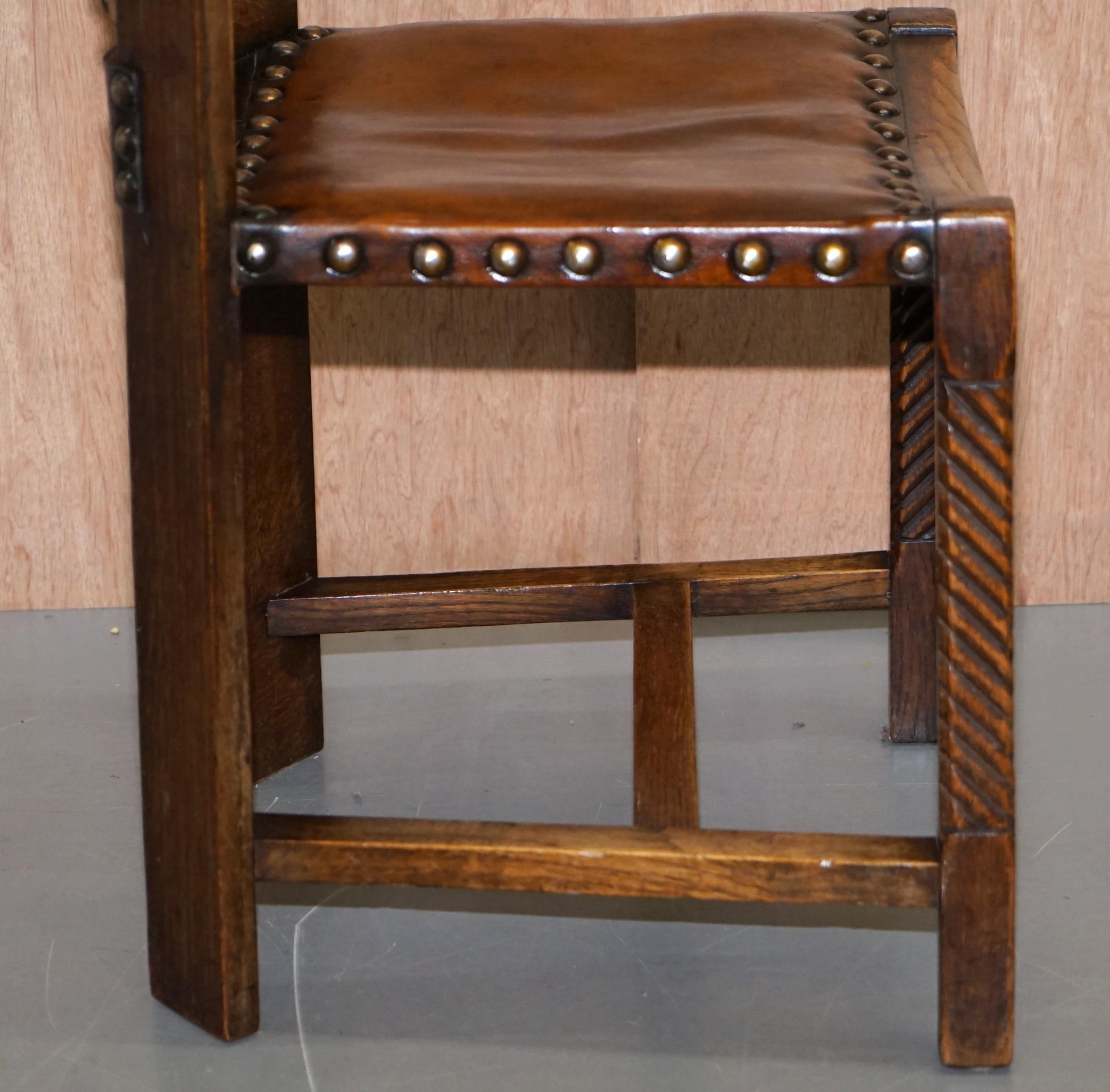 20th Century Original Suite of Four George Henry Walton Arts & Crafts Oak & Leather Chairs 4