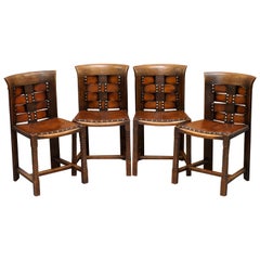 Original Suite of Four George Henry Walton Arts & Crafts Oak & Leather Chairs 4