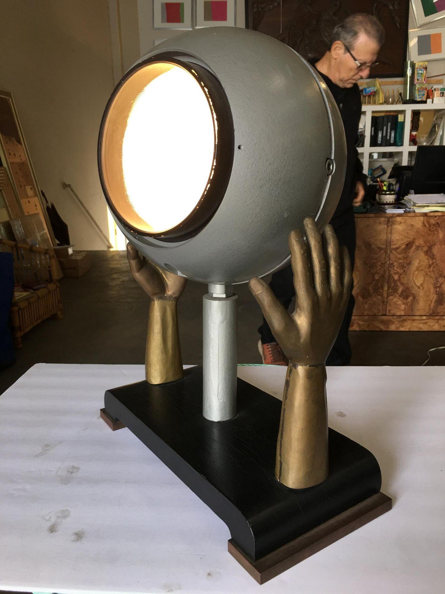 American Original Surrealism Bronze Hands and Spotlight Table Lamp For Sale