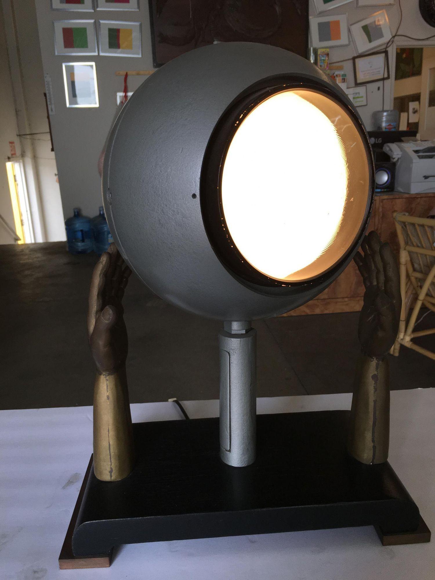 Original Surrealism Bronze Hands and Spotlight Table Lamp In Excellent Condition For Sale In Van Nuys, CA