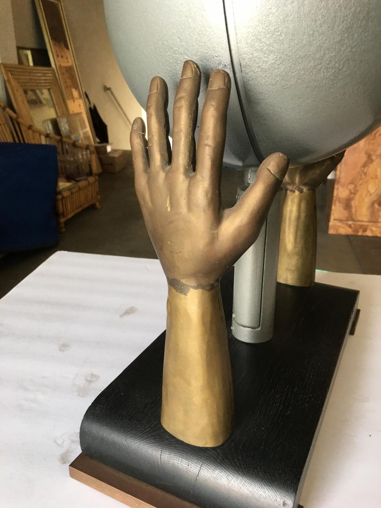 Brass Original Surrealism Bronze Hands and Spotlight Table Lamp For Sale