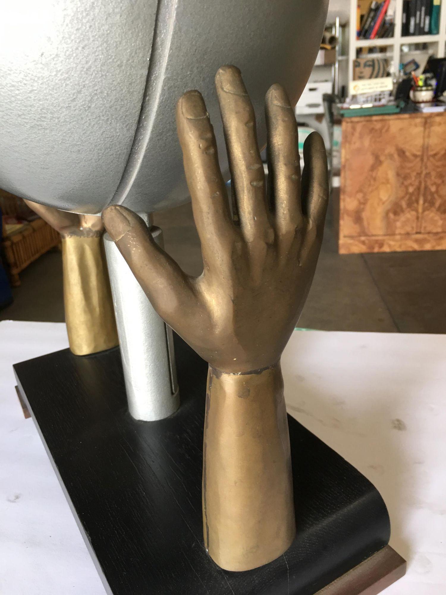 Original Surrealism Bronze Hands and Spotlight Table Lamp For Sale 1