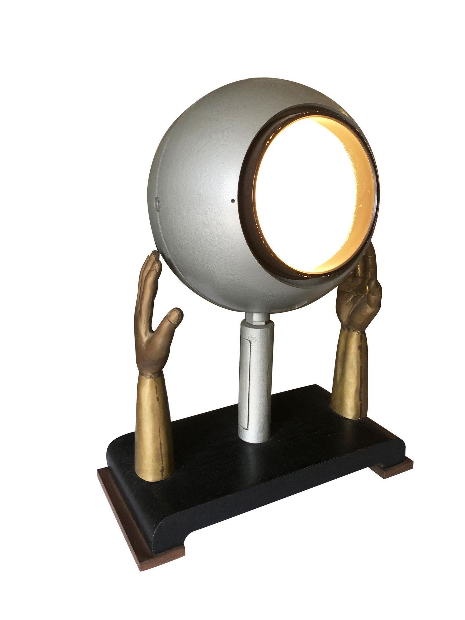 Original Surrealism Bronze Hands and Spotlight Table Lamp For Sale 2