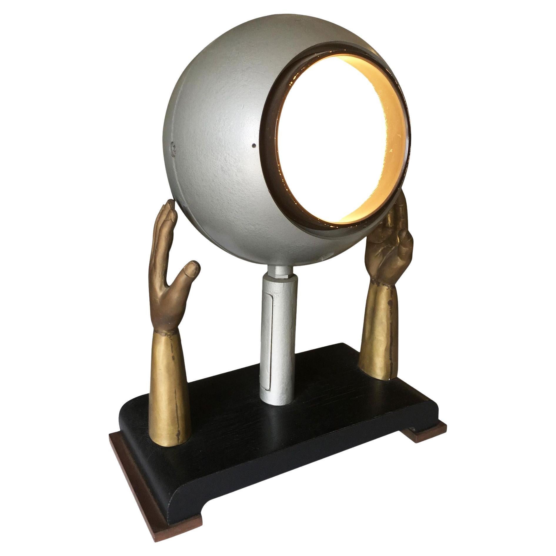 Original Surrealism Bronze Hands and Spotlight Table Lamp For Sale