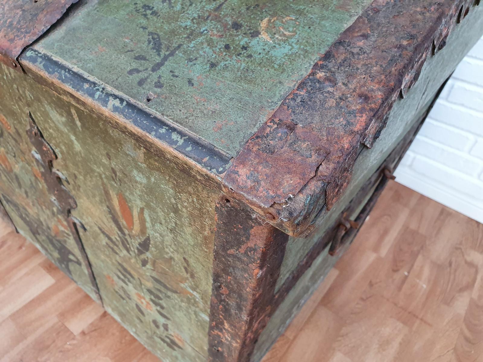 Original Swedish wooden chest from 1868, oakwood, copper fittings. Original painting from 1868.
 