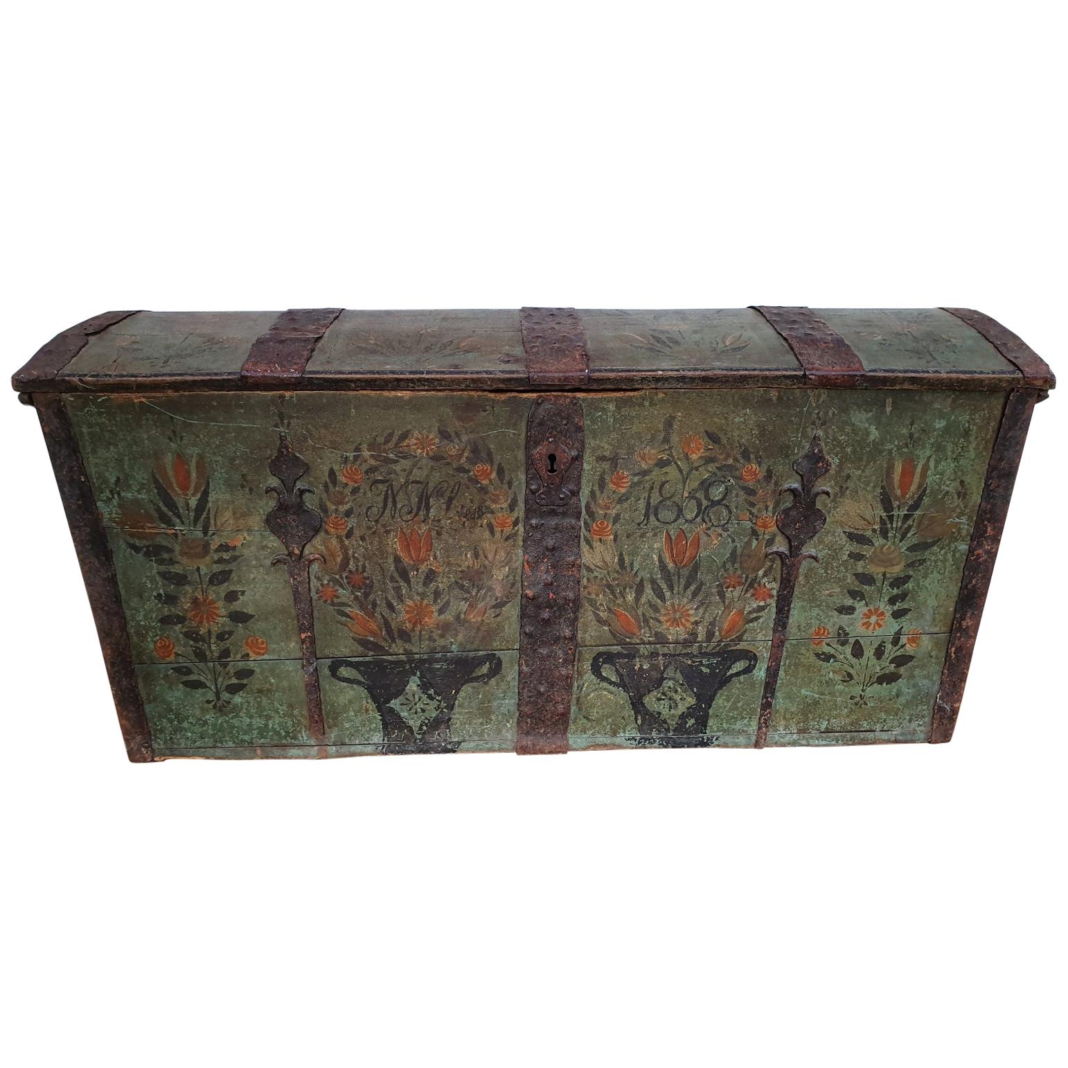 Original Swedish Wooden Chest from 1868, Oakwood, Copper Fittings For Sale