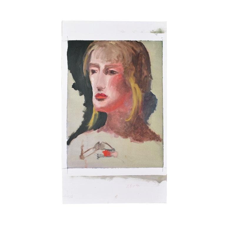 Late 20th Century Original Tall Portrait Painting of a Blonde Woman on Green, 1990s For Sale