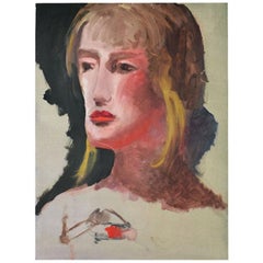 Original Tall Portrait Painting of a Blonde Woman on Green, 1990s