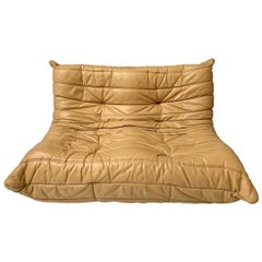 Vintage Original Tan Leather Ligne Roset Togo Loveseat