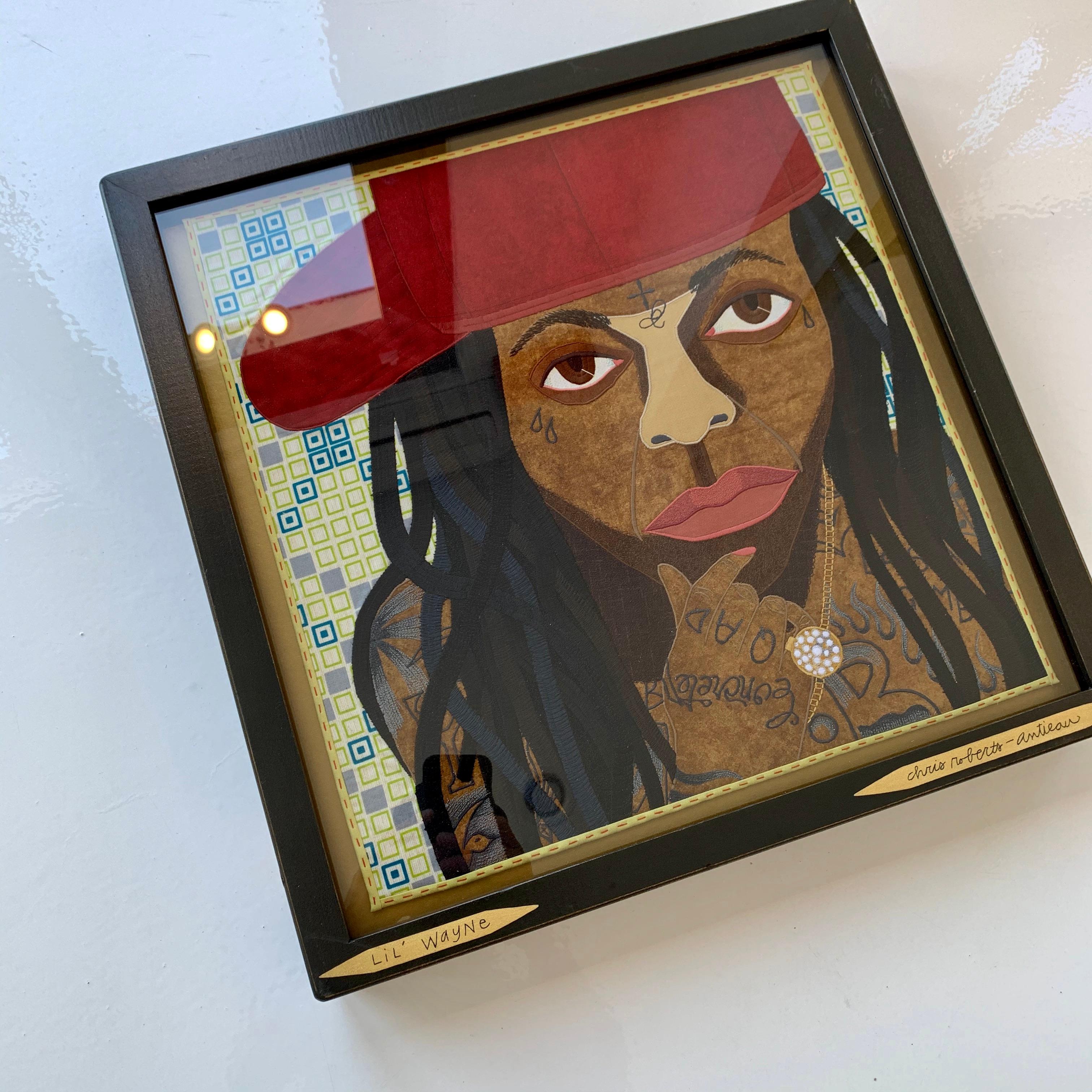 Stunning original artwork by Chris Roberts-Antieau. Hand woven tapestry depicting Lil' Wayne, aka Dwane Michael Carter Jr, the greatest rapper alive. Stunning detail, excellent condition. Framed behind acrylic with artist's original frame. Dated
