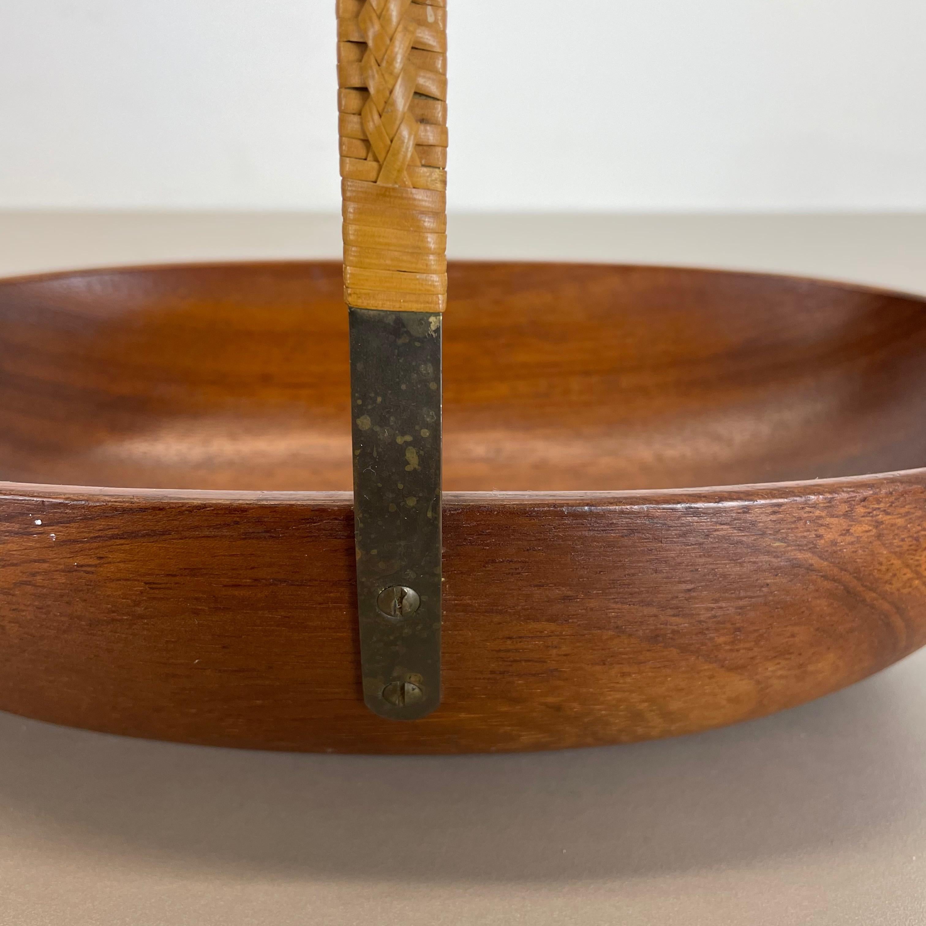 Original Teak Bowl with Brass and Rattan Handle by Carl Auböck Austria, 1950 8