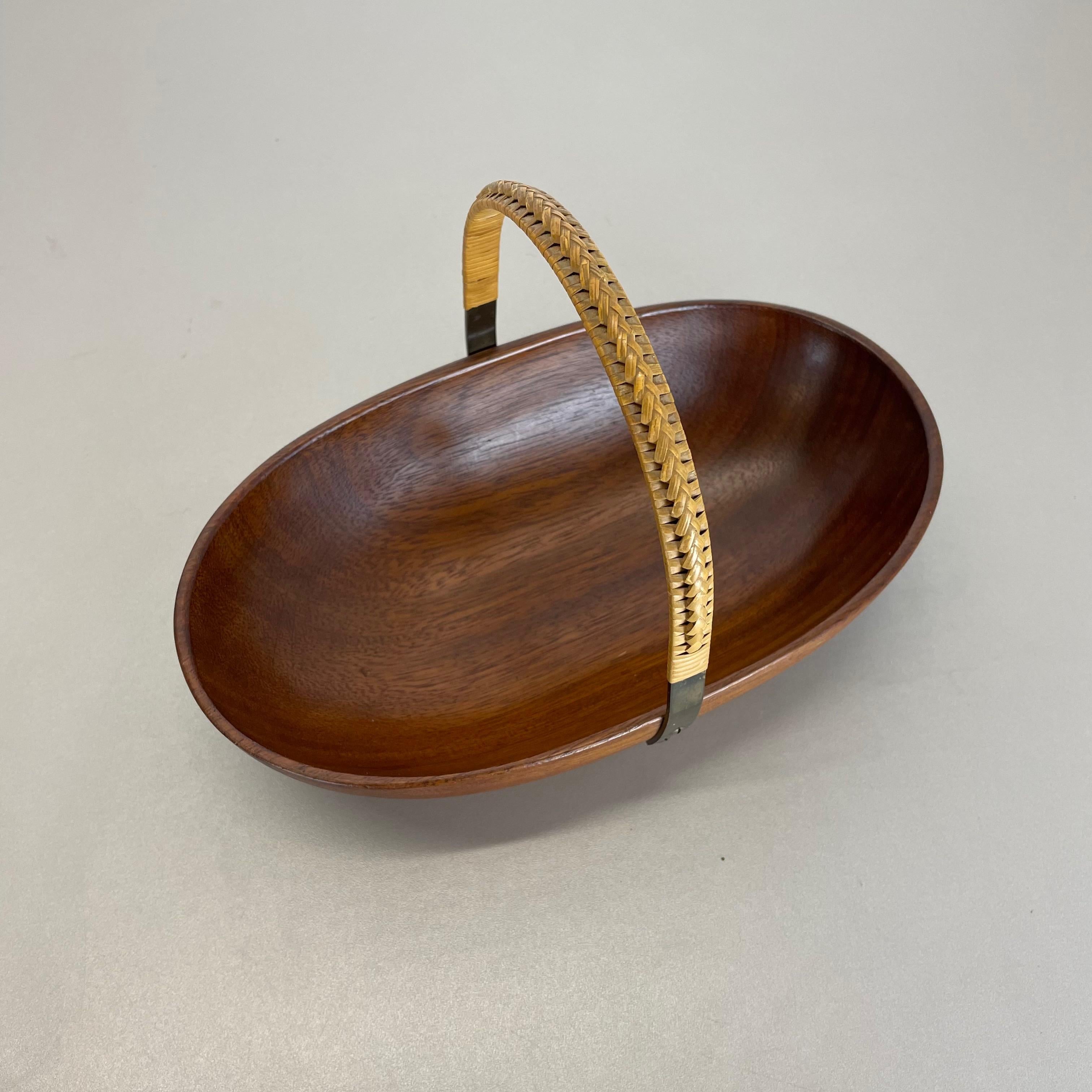 Original Teak Bowl with Brass and Rattan Handle by Carl Auböck Austria, 1950 11
